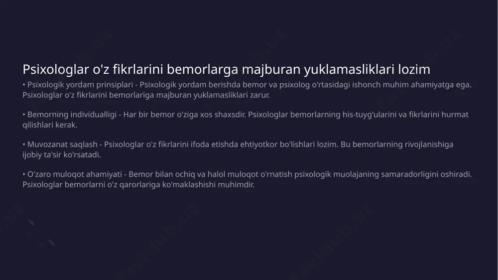 urish muhimdir. • keng ko'lamli nazar - psixologlar bemorlarga keng ko'lamli nazar bilan qarab, shaxsiy muammolarining ta'sirini bartaraf etishlari lozim. • yakuniy natijalar - o'z shaxsiy muammolarini aralashtirmaslik psixologning professional samaradorligini oshiradi va bemorlarning yaxshilanishiga xizmat qiladi. psixologik yordamda shaxsiy chegaralarni hurmat qilish muhimdir • shaxsiy chegara tushunchasi - shaxsiy chegara shaxsning o‘zini qanday his etishi, boshqalar bilan qanday muloqot qilishini belgilovchi muhim komponent hisoblanadi • psixologik yordamda ahamiyati - psixologik yordamda shaxsiy chegaralarga hurmat qilish, mijozning xavfsizligini ta'minlaydi va o‘zaro ishonchni rivojlantiradi kasbiy etikada do'stlik va professional mas'uliyat o'rtasidagi muvozanatni saqlash zarur • do'stlik va mas'uliyat - kasbiy munosabatlarda do'stlik va professional mas'uliyat o'rtasida muvozanatni saqlash juda muhimdir. • o'zaro hurmat - do'stlik va professional etika o'rtasida o'zaro hurmat muhim rol o'ynaydi va bu har ikkala tomonning manfaatini himoya qiladi. • muvozanatni saqlash - muvozanatni saqlash orqali jamoa ichida mehr-muhabbat va samarali ish muhitini yaratish mumkin. • qarorlar qabul …
