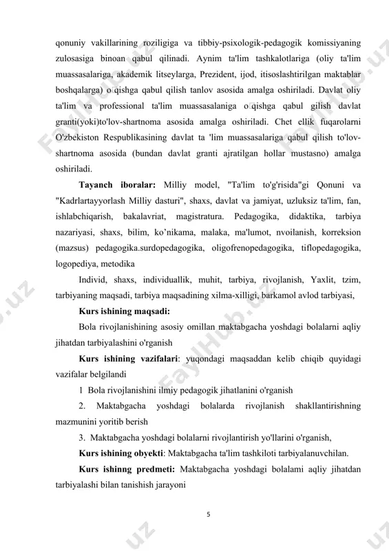 uri", shaxs, davlat va jamiyat, uzluksiz ta'lim, fan, ishlabchiqarish, bakalavriat, magistratura. pedagogika, didaktika, tarbiya nazariyasi, shaxs, bilim, ko’nikama, malaka, ma'lumot, nvoilanish, korreksion (mazsus) pedagogika.surdopedagogika, oligofrenopedagogika, tiflopedagogika, logopediya, metodika individ, shaxs, individuallik, muhit, tarbiya, rivojlanish, yaxlit, tzim, tarbiyaning maqsadi, tarbiya maqsadining xilma-xilligi, barkamol avlod tarbiyasi, kurs ishining maqsadi: bola rivojlanishining asosiy omillan maktabgacha yoshdagi bolalarni aqliy jihatdan tarbiyalashini o'rganish kurs ishining vazifalari: yuqondagi maqsaddan kelib chiqib quyidagi vazifalar belgilandi 1 bola rivojlanishini ilmiy pedagogik jihatlanini o'rganish 2. maktabgacha yoshdagi bolalarda rivojlanish shakllantirishning mazmunini yoritib berish 3. maktabgacha yoshdagi bolalarni rivojlantirish yo'llarini o'rganish, kurs ishining obyekti: maktabgacha ta'lim tashkiloti tarbiyalanuvchilan. kurs ishinng predmeti: maktabgacha yoshdagi bolalami aqliy jihatdan tarbiyalashi bilan tanishish jarayoni kurs ishining metodlari: tanlangan muammoga oid ilmiy-metodikdmanbalarni tahlil qilish, o rganish va umumlashtirishdocx.uz kurs ishining metodologik asoslari o'zbekiston raespublikasining ta'limto'g'nsidagi qonuni, «o'zbekiston respublikasining maktabgacha ta'limkontseptsiyasi», o'zbekiston respublikasi prezidentining nutq va ma'ruzalari,vazirlar mahkamasining 155-sonli buyrug'i, o'zbekiston respublikasi prezidentining«maktabgacha ta'lim tizmini boshqaruvini …