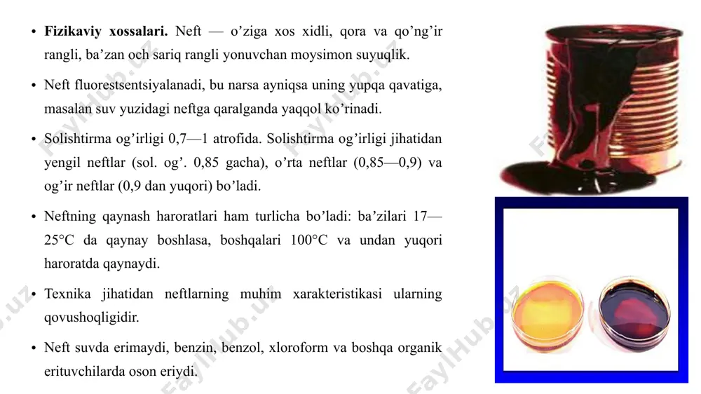 sidir. barcha fraksiyalar ajratib olingandan keyin, odatda, qoramtir kovushoq qattiq modda qoladi, bu modda neft bitumi deyiladi. bitumni oksidlab, yo’llarga yotqizish uchun ishlatiladigan asfalt tayorlanadi. neftni qazib olish usullari 3 xil boladi: ‘’fantaniy’’ usul unda neft plastik energya orqali yertubidan kotarib olinadi , “ gazaliftlik” usul yani skvajinlar orqali havoni haydash bilan turbalarda tortib olinadi “nasoslik” usuli orqali. neftni tarkibiy qismlardan ajratish sxemasi 3.neftni krekinglash va uning turlari. - neftdan olinadigan benzin miqdorini (unumini) oshirish uchun unga maxsus ishlov beriladi, ya’ni u krekinglanadi. natijada kerosin va gazoyl fraksiyalari uglevodorodlarining uzun zanjiri uzilib, qisqa, «benzin» bo’laklari hosil bo’ladi. shunday usulda tabiiy neftning yarmidan ko’prog’ini benzinga aylantirishga muvaffaq bo’linmoqda. suyuq neft mahsulotlarni krekinglash—neftni qayta ishlab aviatsiya yoqilg’isi va boshqa tur yoqilg’ilar olishning hozirgi paytdagi asosiy yo’nalishidir. -krekinglash prosessining mohiyati neft mahsulotlarini 450—650°c gacha qizdirishdan iborat bo’lib, natijada xom ashyodagi yuqori molekulyar uglevodorodlar parchalanadi, bunda hosil bo’ladigan molekulalar qoldiqlarining bir qismi esa o’zaro …