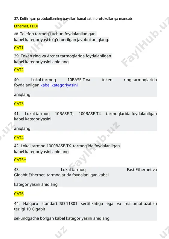 ель питер, 2016. ii bob. 4-§. qiyinlik darajasi – 2 topologiyalardan qaysi biri ishonchliligi yuqori hisoblanadi? yulduz xalqa umumiy shina to’liq bog’lanishli № 7. manba: н.а. олифер, в.г. олифер “компьютерные сети: принципы, технологии, протоколы” пятое издание, издатель питер, 2016. iv bob. 2-§. qiyinlik darajasi – 2 mac satxi qanday vazifani bajaradi? uzatish muhitiga murojaat qilishni boshqarish stantsiyalar o’rtasida axborotni har-xil ishonchlilik darajasi bilan uzatish bitlar sathida axborot uzatishni boshqarish bloklar sathida axbo-rot uzatishni boshqarish № 8. manba: н.а. олифер, в.г. олифер “компьютерные сети: принципы, технологии, протоколы” пятое издание, издатель питер, 2016. xi bob. 2-§. qiyinlik darajasi – 2 llc satxi qanday vazifani bajaradi? stantsiyalar o’rtasida axborotni har-xil ishonchlilik darajasi bilan uzatish bitlar sathida axborot uzatishni boshqarish bloklar sathida axborot uzatishni boshqarish uzatish muhitiga murojaat qilishni boshqarish № 9. manba: н.а. олифер, в.г. олифер “компьютерные сети: принципы, технологии, протоколы” пятое издание, издатель питер, 2016. vii bob. 3-§. qiyinlik darajasi – 1 …