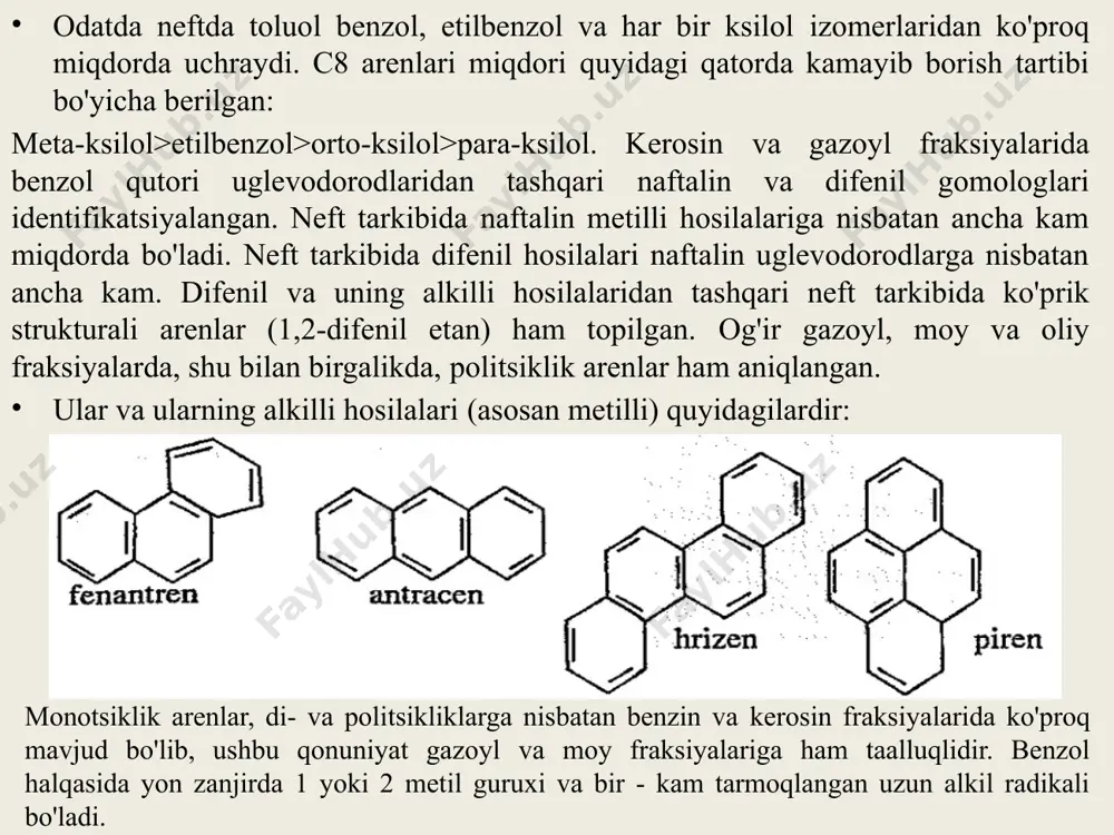 lda berilgan. to'yinmagan uglevodorodlar neftni termik va katalitik qayta ishlash suyuq mahsulotlari tarkibida ham mavjuddir. masalan, suyuq fazadagi termik kreking benzinida 30-35% (massaviy), benzinning bug' fazadagi krekingida 40-45% va katalitik kreking benzinida 10% ga yaqin miqdorda to'yinmagan uglevodorodlar bo'ladi. oddiy sharoitlarda quyi alkenlar c2-c4 gaz, c5-c17 - suyuqlik, undan yuqori molekulyar alkenlar esa qattiq moddalardir. kritik harorat ma’lumotlaridan ko'rinib turibdiki, quyi harorat va yuqori bosimda etilenni suyuq holatga o'tkazish mumkin. boshqa alkenlar esa bosim ostida suv bilan sovitish orqali suyuladilar. neftni qayta ishlash sanoat jarayonlarida alkenlar alkanlar bilan aralashma holida olinadilar. ularning xossalari sezilarli farqlanadi va shu bois, individual birikmalami ajratishda va ajratib olishda ishlatiladi. normal tuzilishli 1 - alkenlar mos alkanlarga nisbatan pastroq qaynash va erish haroratlariga ega, biroq pentan va 1 – pentenlar misolida yuqoriroq zichlik va sindirish ko'rsatkichiga egadirlar. turli tuzilishga ega bo‘lgan alkenlarning xossalarini taqqoslash quyidagi xulosaga olib keladi: simmetrik tuzilishga ega bo‘lgan tarmoqlangan alkenlar boshqa …