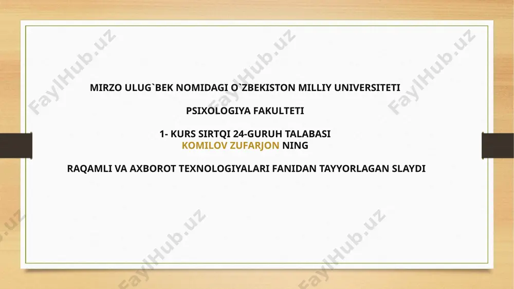 bda shakllantirib olamiz: o‘quvchining identifikatsion raqami raqamli (числовой) o‘quvchining familiyasi matnli (текстовой) o‘quvchining ismi matnli (текстовой) o‘quvchining otasini ismi matnli (текстовой) o‘quvchining yashash manzili matnli (текстовой) o‘quvchining tug‘ilgan yili vaqt (дата/ время o‘quvchining telefoni raqamli (числовой)  ushbu oynadan chiqamiz (oyna chetidagi x belgisi tanlanadi). natijada quyidagi oyna hosil bo‘ladi: oynadan да tugmasi tanlanadi (“o‘quvchilar ma’lumoti” nomli jadval hosil bo‘ladi).  o‘quvchi haqidagi ma’lumotlar omborini shakllantirish uchun, “o‘quvchilar ma’lumoti” nomli yozuv ustiga sichqoncha tugmasi ikki marta bosiladi:  hosil bo‘lgan ma’lumotlar omborini o‘quvchilar haqidagi ma’lumotlar bilan to‘ldiriladi:  yaratilgan ma’lumotlar omborini kompyuter xotirasiga saqlaymiz (файл – сохранить базу данных как). ms access 2010 da yaratilgan jadvalning ustun yozuvini o‘zgartirish imkoniyati mavjud. buning uchun главная – режим – конструктор buyrug‘i bajariladi. yodda saqlang ! ms access 2010 da jadval hosil qilib, ularga ma’lumotlarni kiritish ikki xil usulda amalga oshirilishi mumkin: 1. режим-конструктор. 2. создание-конструктор таблиц. ma'lumotlar omborini boshqarish tizimi — bu …