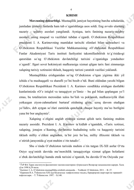 bu xususiyatlarni to`la anglash musulmon uyg‘onishi davrida mamlakat salohiyatini saqlab turgan ichki omillarni aniqlashga xizmat qiladi. mavzuning dolzarbligi ana shu jihatlari bilan belgilanadi. zero, o`zbekiston respublikasi prezidenti i. a. karimov ta`kidlaganidek «…tarix millatning haqiqiy tarbiyachisiga aylanib bormoqda. buyuk ajdodlarimizning ishlari va jasorati tarixiy xotiramizni jonlantirib, yangi fuqarolik ongini shakllantirmoqda»4. prezident tarixiy xotira to`g`risida fikrini davom ettirar ekan: «tarixiy xotira tuyg`usi to`laqonli ravishda tiklangan, xalq bosib o`tgan yo`l o`zining barcha muvaffaqiyat va zafarlari, yo`qotish va qurbonlari, quvonch va iztiroblari bilan xolis va haqqoniy o`rganilgan taqdirdagina chinakam tarix bo`ladi,»5 – deya haqli ravishda qayd etgan. mavzuning o`rganilishi darajasi tahlili shuni ko`rsatadiki, o‘rta osiyoning musulmon uyg‘onish davri tarixi bo`yicha bir qator ilmiy izlanishlar olib borilgan. ushbu tadqiqotlarning asosiy qismida e`tibor movarounnahrda uyg‘onish davrining vujudga kelishi jarayonini jahon tarixining umumiy bir qismi sifatida qaralib, unda o‘rta osiyo me’morchiligining vujudga kelishi, an'analari, o‘ziga xos xususiyatlari arxeologik materiallar asosida talqin etiladi. o‘rta osiyoning ix-xii asrlar davri …