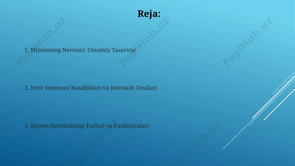 asalliklari bell falaji, yuz nervining (vii juft) yallig'lanishi natijasida yuzning bir tomonida falaj bo'lishi bilan tavsiflanadi va taxminan 20-30 kishidan 1 tasiga ta'sir qiladi. glosofaringeal nerv (ix juft)ning shikastlanishi disfagiya (yutish qiyinchiligi) va og'iz bo'shlig'ining sezuvchanligi buzilishiga olib kelishi mumkin, bu holatlarning 1000 kishidan taxminan 1-2 tasida kuzatiladi. ii juft nerv: ko'rish nervlari ko'rish nervining shikastlanishi ko'rish maydonining qisman yoki to'liq yo'qolishiga, skotomaga yoki hemianopsiyaga olib kelishi mumkin, bu esa diagnostika va davolashni talab qiladi. ko'rish nervi (ii juft kranial nerv) taxminan 1,2 million aksonga ega bo'lib, ularning har biri fotoreseptorlardan miyaning ko'rish korteksiga yorug'lik signallarini uzatadi. v juft nerv: uch shoxli nerv vii juft nerv, yuz nervi, 7-miya nervi hisoblanib, yuz mushaklarining motor innervatsiyasi, shuningdek, ta'm va sekretsiya funksiyalarini boshqaradi. yuz nervi shikastlanishi yuzning assimetriyasi, mimikalar buzilishi va ta'm sezishning pasayishi, masalan, tilning oldingi 2/3 qismida, kabi alomatlarga olib kelishi mumkin. i juft nerv: hidi sezuvchi nerv i juft …