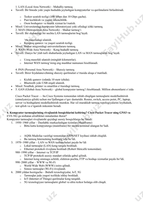 ihasini ishga tushirdi. bu birinchi real ishlaydigan paketli uzatish asosidagi kompyuter tarmog‘i edi.  dastlabki ulanish: kaliforniya universiteti (ucla) va stenford tadqiqot markazi orasida amalga oshirilgan.  muhim voqea: bu tarmoq bugungi internetning ajdodi hisoblanadi. misol: ucla dan stenfordga “login” so‘zi yuborilganda, dastlab faqat “lo” harflari yetib borgan, chunki tizim qulab tushgan. bu voqea tarixda "birinchi tarmoq xabari" sifatida qayd etilgan. 2. 1970-yillar – tarmoq protokollarining paydo bo‘lishi  1973–1974 yillarda tcp/ip (transmission control protocol/internet protocol) protokoli ishlab chiqildi. bu protokol barcha tarmoq qurilmalarining o‘zaro aloqa qilishini standartlashtirdi.  kompaniyalar ichida lan (mahalliy tarmoqlar) rivojlana boshladi. misol: xerox kompaniyasi ethernet texnologiyasini yaratdi (1973), bu hozirgi kunda ham ko‘plab lan tarmoqlarda ishlatiladi. 3. 1980-yillar – tarmoqlar ommalasha boshladi  1983-yilda arpanet tcp/ip protokoliga rasmiy ravishda o‘tdi. bu voqea bugungi internet asosining yotqizilishi deb qaraladi.  dns (domain name system) yaratildi — bu orqali veb manzillar (masalan, google.com) ip manzillar bilan bog‘landi. …