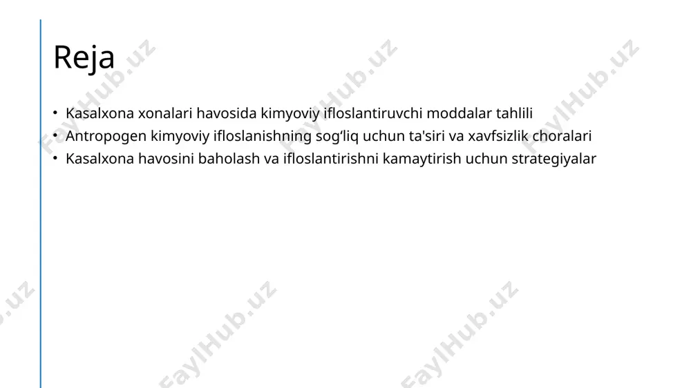 gilangan me’yordan oshmasligi uchun muntazam nazorat va monitoring amalga oshiriladi. bu inson va muhit xavfsizligini ta’minlaydi. havo sifatini baholash uchun kimyoviy analizin o‘rni va muhimligi 1 kimyoviy analizin roli havo sifatini baholashda kimyoviy analiz muhim, chunki u havodagi ifloslantiruvchi moddalarni aniqlash va ularning miqdorini o‘lchash imkonini beradi. 2 aniqlash usullari gazli va suyuq kimyoviy analiz metodlari orqali hospital havosidagi kimyoviy moddalar, ularning konsentratsiyasi va turlari aniq va ishonchli tarzda aniqlanadi. 3 tahlilning ahamiyati to‘g‘ri va samarali kimyoviy analizlar havodagi ifloslantiruvchi moddalarni baholashda asosiy bo‘lib, sog‘liq xavflarini kamaytirish uchun muhim qarorlar qabul qilishga yordam beradi. kasalxona havosida kimyoviy ifloslantiruvchi moddalar va inson salomatligiga ta'siri 01 kimyoviy ifloslantiruvchilar mavzusi kasalxona havosida turli kimyoviy moddalar, masalan, antiseptiklar, formaldegid va anestetiklar mavjud bo‘lib, ular uzoq vaqt inhalatsiya qilinsa salomatlikka zararli bo‘lishi mumkin. 02 salomatlikka ta’siri ushbu kimyoviy moddalar nafas yo‘llarini tirnash, allergiyalar, va hatto o‘tkir o‘tkir respirator kasalliklariga olib kelishi mumkin, ayniqsa immuniteti zaif …