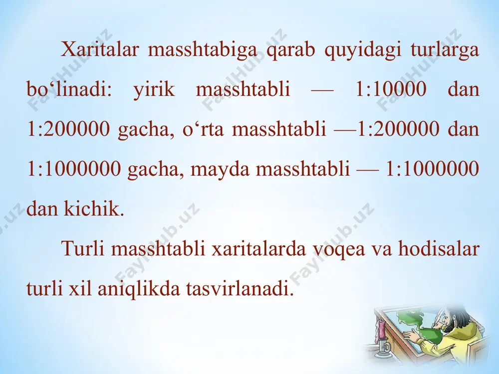 a chiqadi. masalan, xaritaning masshtabi 1:1000 000, ya’ni 1 sm 10 km ga teng. xaritada ikki nuqta oralig‘i 4,5 sm ga teng. binobarin, 4,5 × 10 = 45 km yoki 45 000 m.