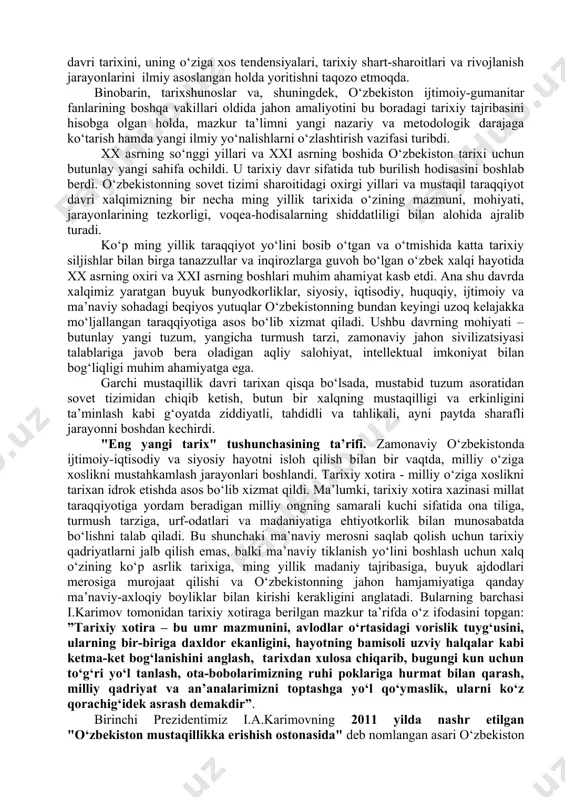 -yil yanvar oyida "oliy va o‘rta maxsus ta’lim vazirligi huzurida o‘zbekistonning zamonaviy tarixi bo‘yicha jamoat kengashini tashkil etish to‘g‘risida" qaror qabul qildi. kengashga tarixiylik va ob’yektivlik, dogmatizmning oldini olish, o‘zbek xalqining tarixiy o‘tmishi va bugungi kunini baholashga har tomonlama yondoshish asosida o‘zbekistonning zamonaviy tarixini tizimli o‘rganish vazifalari yuklatildi. bunda zamonaviy tarixni ilmiy tadqiq qilishda xalqaro tajribani hisobga olish, yangi avlod o‘quv va ilmiy adabiyotlarini tayyorlash, o‘zbekistonning zamonaviy tarixi global va mintaqaviy jarayonlar bilan uzviy bog‘liq ekanligi nazarda tutildi. o‘zbekistonning eng yangi tarixi - bu tarix fanining nisbatan yangi yo‘nalishi bo‘lib, u 2020-yilda mustaqil ilmiy fan sifatida o‘ziga xos metodologiyasi, tadqiqot yo‘nalishlari va o‘quv-uslubiy ishlanmalari bilan ajralib chiqdi. shu munosabat bilan, zamonaviy tarix mamlakatimizning mustaqillik arafasidagi va mustaqillik taraqqiyot davri tarixini, uning o‘ziga xos tendensiyalari, tarixiy shart-sharoitlari va rivojlanish jarayonlarini ilmiy asoslangan holda yoritishni taqozo etmoqda. binobarin, tarixshunoslar va, shuningdek, o‘zbekiston ijtimoiy-gumanitar fanlarining boshqa vakillari oldida jahon amaliyotini bu boradagi tarixiy …
