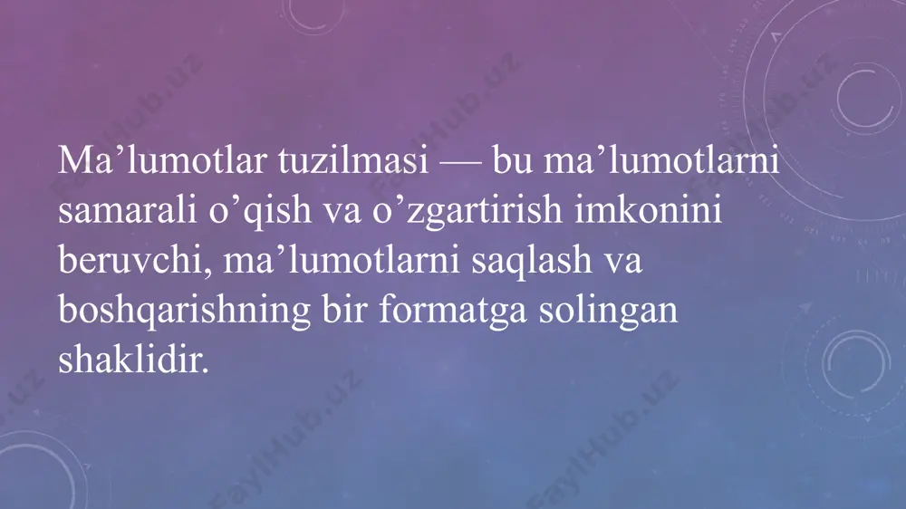 eriladi. r stekdagi elementlar sonini bildiradi. masalaning berilishi talabalar ism-familiyasi, yoshi va ballaridan iborat jadval yarating va talabalarni ism-familiyasini alfavit bo‘yicha tartibga keltiring. (jadval yaratishda strukturadan foydalaning). dastur kodi #include using namespace std; struct talaba{ string fi; int yoshi; int ball; }; int main(){ int n; cout >n; talaba a[n]; for (int i=0; i >a[i].yoshi; cout >a[i].ball; } for (int i=n-1; i>=0; i--){ for (int j=0; j using namespace std; int main(){ int s=0; string str; char a; getline (cin,str); for(int i=0; i<str.length(); i++){ a=str[i]; if(isdigit(a))s+=((int)a-48); } cout<<s; return 0; } dastur natijasi: xulosa xulosa qilib aytganda ushbu mavzuda statik ma`lumotlar tuzilmasi haqida tanishib chiqdik, uning ifodalanishlarini ko`rib chiqdi. mavzu davomida c++ tilida ma`lumotlarning oddiy sozlangan va keltirilgan toifalari haqida va ularga oid misollar keltirilgan. statik ma`lumotlar tuzilmasi navbat va ularni c++ tilida e`lon qilish, ular ustida amallar bajarishga oid misollar keltirilgan. statik ma`lumotlar tuzilmasi ya`ni bir bog`lamli ro`yhatlar, ularni …