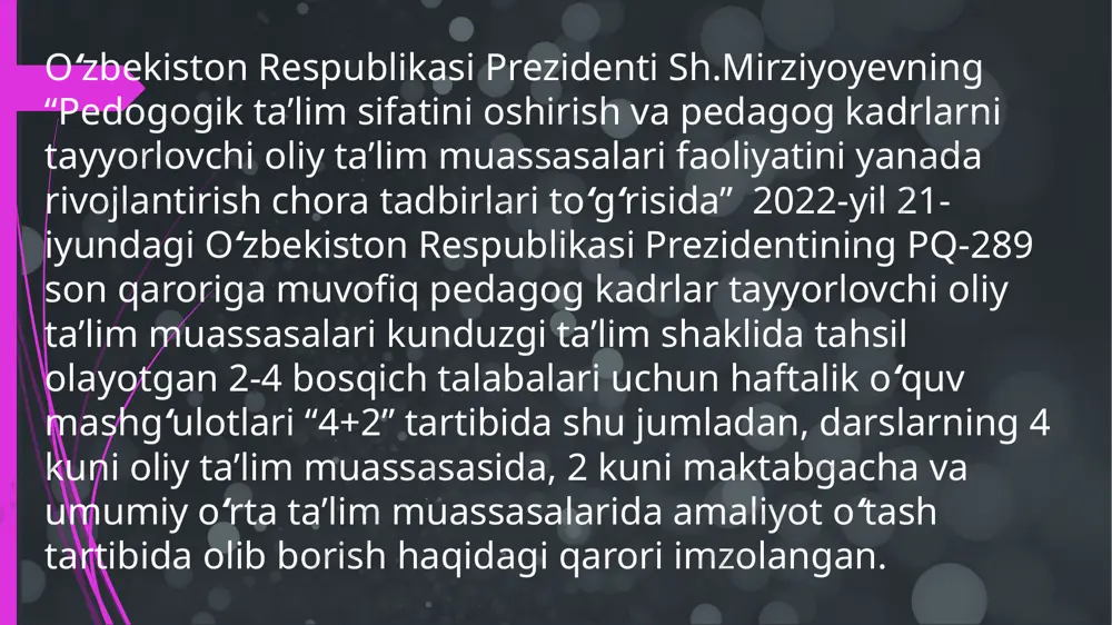 i o’quvchilarga dars ham o‘tdim. bunda o’quvchilarga yangi mavzu haqida ma’lumot berdim, misollar ishlatdim va ishlashga qiynalgan o’quvchilarga yordam berdim. darsda yangi metodikalar qo’lladim va yangi o’yinlar o’ynatdim. men o’tgan dars kuzatgan ustozlarga yoqdi va namunali deb topishdi. amaliyot davri davomida 7-va 8-sinf o‘quvchilariga “al-xorazmiy” olimpiadasining maktab bosqichini o‘tkazdim. 8-sinf o‘quvchilariga qo‘shimcha ravishda cerebry(student)da test yechishlariga ko‘maklashdim. maktabning ma’naviy-ma’rifiy tadbirlarini tashkillashtirishda, “zakovat” intelektual o‘yini o‘tkazishda ishtirok etdim. men “4+2” malakaviy amaliyotida davrida bilimlarimni takrorladim, ustozlardan ko‘plab metodlar o‘rgandim. o‘quvchilar bilan qo‘shimcha mashg‘ulotlar olib bordim, ularning tartib-intizomi, o‘zlashtirishi bilan yaqindan tanishdim. amaliyot davrida usmonova gulnoza ustozdan ko‘plab bilimlar o‘rgandim. malakaviy amaliyotim mazmunli va to‘g‘ri tashkil etildi. pedagogik faoliyatim davomida zarur bo‘ladigan ko‘nikmalarga ega bo‘ldim. men “4+2” malakaviy amaliyotida davrida bilimlarimni takrorladim, ustozlardan ko‘plab metodlar o‘rgandim. o‘quvchilar bilan qo‘shimcha mashg‘ulotlar olib bordim, ularning tartib-intizomi, o‘zlashtirishi bilan yaqindan tanishdim. amaliyot davrida mahkamova xurshidaxon ustozdan ko‘plab bilimlar o‘rgandim. malakaviy amaliyotim mazmunli va to‘g‘ri tashkil …