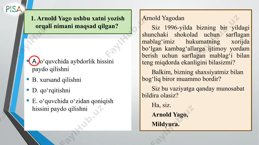 ‘lgan bir nechta axborotlarni qidirish va aniqlash maksimal ball: 2 ball ball javobning mazmuni 2 iste’molchilar marketing hiylalariga tushib qolishadi yoki ko‘pchilik tezda yangi modadan zavq olishni xohlaydi. 1 reklama, televideniye va ijtimoiy tarmoqlar odamlarni kerak bo‘lmagan narsalar uchun ularda yo‘q pullarni ham sarflashga majbur qiladi. 0 boshqa javob tanlangan yoki javob berilmagan bo‘lsa baholash mezoni 7. “diqqat:chegirmalar!” va “internet do‘konining veb-sayti” matnidan foydalanib savolga javob bering. savolga javob berish uchun tegishli javoblarni belgilang. veb-do‘kon sahifasida “ongli iste’mol”ning qaysi jihatlari haqida aytiladi, bu jihatlar varaqada yozilganmi? ikkita to‘g‘ri javobni belgilang. 1. tarkibida zararli moddalar bo‘lgan mahsulotlarni sotib olmang, chunki ular atrof-muhitni buzadi. 2. sotilmagan mahsulotlarni qayta ishlash yoki ishlatish mumkin. 3. ishlab chiqarilgan mahsulotning umrini uzaytirish mumkin. 4. sog‘likka zarari tufayli foydalanilmayotgan kiyimlardan voz kechish kerak. 5. sotib olinadigan mahsulotdan faqat ishlab chiqaruvchigina foyda ko‘radigan mahsulotlarni sotib olmaslik kerak. baholash mazmuni: shaxsiy maqsadlar asosida o‘qish; iqtisod shakllantiriladigan ko‘nikma: ma’lumotlarni integratsiya …