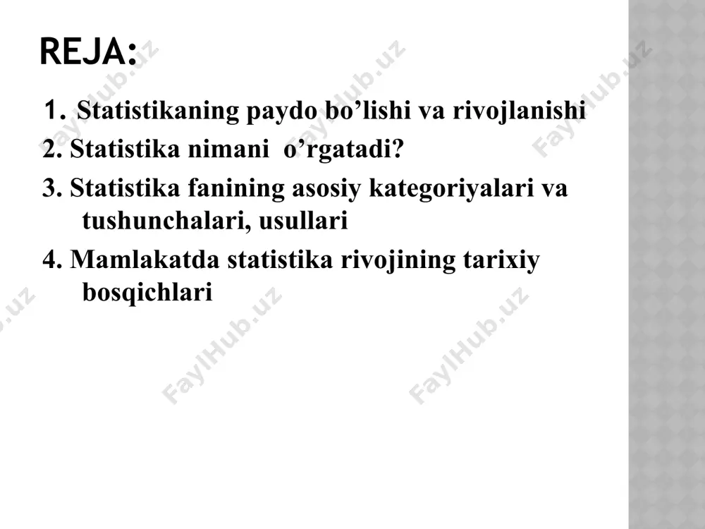 to’g’risidagi ma’lumotlar jadvalini tuzdi, angliya aholisini sonini aniqladi (6,5 mln.kishi), bulardan tashqari u ommaviy miqdoriy hodisalarga taalluqli ayrim statistik qonuniyatlarni aniqladi.u.petti va j.graunt bajargan ishlar ilmiy statistikani paydo bo’lishiga poydevor bo’lib xizmat qildi 1887 yil rimda xalqaro statistika instituti tuzildi. bu birlashmaning (bugungi kunda ham faoliyat ko’rsatmoqda) asosiy maqsadi – davlatlarning statistik ma’lumotlari o’zaro taqqoslama bo’lishini ta’minlash va xalqaro statistik to’plamlarni nashr etishdir. o’zbekiston respublikasida “statistika” kafedrasi 1932 yilda toshkent, keyinchalik samarqand va boshqa shaharlarda tashkil etilgan. o’zbekiston respublikasi mustaqillikka erishgandan so’ng, o’zbek tilida “statistika” bo’yicha o’quv adabiyotlari chop etila boshlandi. o’zbek tilida o’quv qo’llanma va darsliklar yaratishda toshkent moliya instituti statistika kafedrasi professor-o’qituvchilari namuna bo’lmoqdalar. professor yo.abdullaev ilk bor statistika umumiy nazariyasidan darslik (1993 y) chop etdilar, 1996 yilda shu fandan o’quv qo’llanma nashr etildi, 1998 yilda esa o’quvchilarga “makroiqtisodiy statistika: 100 savol va javob” taqdim etildi. kafedraning boshqa a’zolari ham bu sohada faol ishlamoqdalar. masalan, iqtisod fanlari doktori, …