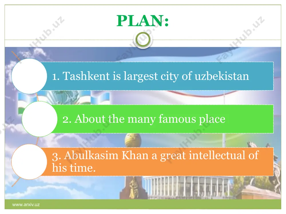 e majority are uzbeks, but more than 90 other nationalities also live here, primarily russians, kazakhs, tajiks, kyrgyz, and ethnic koreans the average population density is more than 146 persons per sq km. the tashkent region consists of 15 districts, 16 towns, 17 settlement, and 147 kishlak (villages) councils. it is situated between the western slopes of the tien shan mountains and the syrdarya river the tashkent region ranks second in uzbekistan in industrial development. over 260 enterprises representing 160 industrial branches produce twenty percent of the country's gross output. principal industries are power generation, mechanical engineering, metallurgy, chemicals, textiles, footwear, and cotton processing and agricultural production. www.arxiv.uz tashkent is a city which is famous for its exceptionally valuable architectural heritage. there are many interesting monuments which have been preserved from the middle ages; buildings of 19th c. erected by the architects such as a. benoua, v. gueintselman and a. …