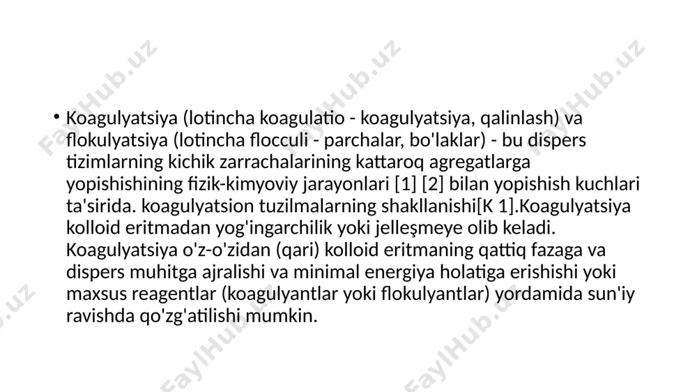 lan uch va boshqalarni hosil qiladi. koagulyatsion jarayonning bunday tasviri uni rasmiy ravishda bimolekulyar kimyoviy reaktsiyalar nazariyasiga qisqartirish imkonini beradi. adabiyotlar 1.bo’riyev.e.s “suv tayyorlash texnologiyasi” toshkent-2017 yil 2.vikipediya image1.png /docprops/thumbnail.jpeg