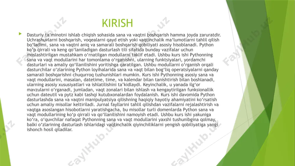 t modullarini yaxshi tushunibgina qolmay, balki o‘zlarining dasturlash ishlaridagi vaqtinchalik qiyinchiliklarni yengish qobiliyatiga yangi ishonch hosil qiladilar. kurs ishining dolzarbligi vaqtga sezgir ilovalar ko‘p bo‘lgan bugungi raqamli asrda sana va vaqt ma‘lumotlarini qanday boshqarishni tushunish dasturiy ta‘minot ishlab chiquvchilari uchun juda muhimdir. ushbu kurs ishi pythonning sana va vaqt modullarining ushbu talablarni qondirishdagi ahamiyatini ko‘rib chiqadi, bu esa o‘quvchilarning real dunyo dasturlash stsenariylarida ularning ahamiyatini tushunishlarini ta‘minlaydi. kurs ishining ahamiyati . pythonning sana va vaqt modullari vaqtinchalik ma‘lumotlar bilan ishlaydigan har qanday ishlab chiquvchi uchun asosiy vositadir. ushbu modullarni o‘zlashtirish ishlab chiquvchilarga aniq va samarali yechimlarni yaratish, xatolarni kamaytirish va samaradorlikni oshirish imkonini beradi. shunday qilib, kurs ishi pythonning sana va vaqt funksiyalarida malakaga ega bo‘lish muhimligini ta‘kidlaydi. kurs ishining subyekti pythonning sana va vaqt modullarini chuqur o‘rganishdir. o‘quvchilar modullarning sana, vaqt, kalendar va dateutil kabi asosiy xususiyatlarini o‘rganib, ularning imkoniyatlari va ilovalari haqida to‘liq tushunchaga ega bo‘ladilar. kurs ishining …