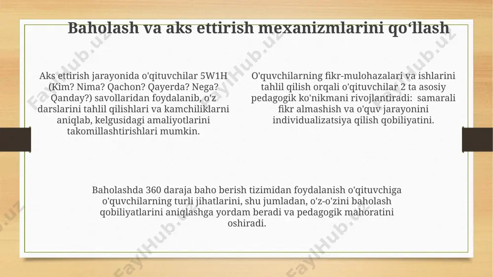 r, onlayn kurslar, seminarlar) foydalanish va ular bo‘yicha 20 soatdan kam bo‘lmagan mustaqil ish olib borish samarali. oʻquvchilar bilan samarali muloqot oʻrnatish o'quvchilar bilan muloqotda "men-xabarlari" (i-messages) dan foydalanish, ya'ni o'z his-tuyg'ularingizni aniq ifoda etish va ayblovlarni oldini olish, o'zaro ishonchni mustahkamlaydi. o'quvchilarning 70%i muloqot jarayonida jismoniy tilga, ya'ni mimika va imo-ishoralarga ko'proq e'tibor beradi, shuning uchun o'qituvchi nonverbal muloqot vositalaridan samarali foydalanishi kerak. samarali muloqot uchun kamida 3 ta turli muloqot uslubini (masalan, suhbat, munozara, taqdimot) qo'llash va o'quvchilarning fikrlarini hurmat qilish muhim ahamiyatga ega. e'tiboringiz uchun rahmat @taqdimot_robot image3.png image4.png