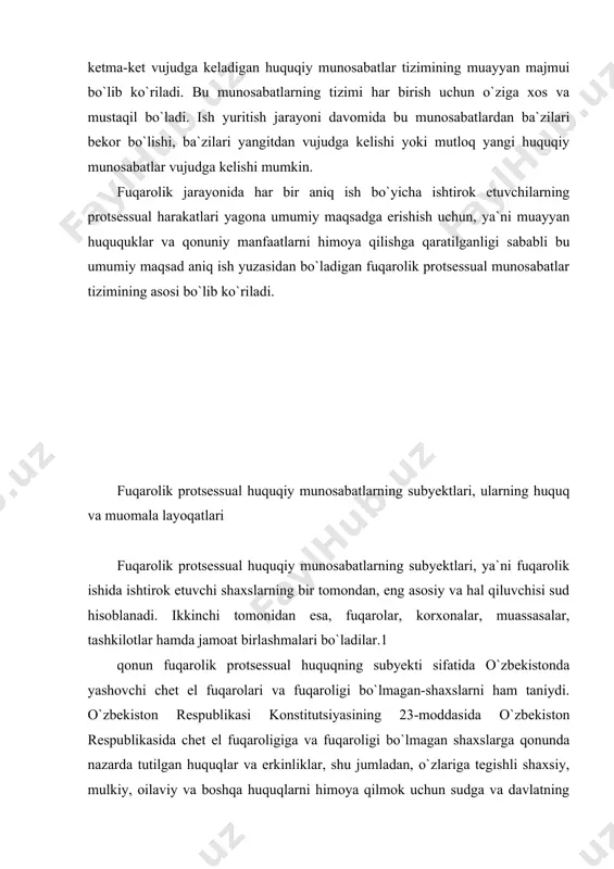 el fuqarolari va fuqaroligi bo`lmagan-shaxslarni ham taniydi. o`zbekiston respublikasi konstitutsiyasining 23-moddasida o`zbekiston respublikasida chet el fuqaroligiga va fuqaroligi bo`lmagan shaxslarga qonunda nazarda tutilgan huquqlar va erkinliklar, shu jumladan, o`zlariga tegishli shaxsiy, mulkiy, oilaviy va boshqa huquqlarni himoya qilmok uchun sudga va davlatning boshqa organlariga murojaat qilish huquqi xalqaro huquq normalariga muvofiq ta`minlanishi, ular o`zbekiston respublikasining konstitutsiyasi, qonunlari va xalqaro shartnomalari bilan belgilangan burchlarni ado etishlari ko`rsatilgan. shu munosabat bilan mazkur shaxslar fuqarolik protsessual munosabatlarga kirishishlari, ya`ni biron-bir huquq to`g`risida yoki qonun bilan himoya qilinadigan manfaat to`g`risida sudga murojaat qilishlari bilan fuqarolik protsessual munosabatning subyektlari bo`lib hisoblanadilar. fuqarolik protsessual munosabatlarning subyektlari doirasi ularning protsessda ishtirok etish maqsadlari va vazifalari bilan belgilanadi. sudning vazifasi yuqorida aytilganidek, odil sudlovni amalga oshirishdan iborat bo`lganligi sababli fuqarolik protsessual huquqiy munosabat subyektlarining orasida sud alohida hal qiluvchi o`rinni egallaydi, chunki faqat sudya tomonidan da`vo arizasi qabul qilingani taqdirdagina fuqarolik ishi qo`zg`atilishi va bu ish yuzasidan muayyan …