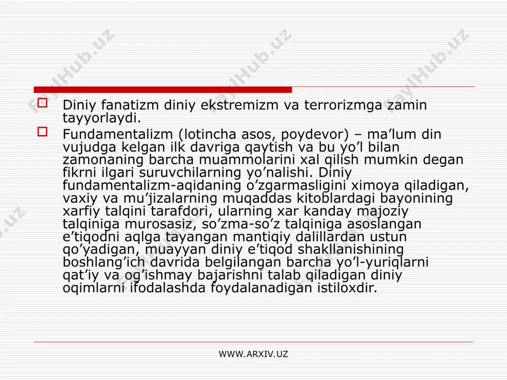 asxar” universitetini tamomlab quddus shaxrida shar’iy shikoyat sudining a’zosi lavozimida ishlagan shayx takiyuddin nabixoniy ( 1909- 1979) bo’lib iordaniyadagi “al – ixvon al muslimiy” ( musulmon birodarlar) diniy siyosiy ekstremistik tashkiloti raxbarlaridan biri edi. aqidada ixvolar bilan kelisha olmay, bu jamoadan ajralib chikib, o’z qarashlarini kuyidagi risolalarida bayon qiladi. “islom nizomi”, “islomiy olamga qaynoq nidolar”, “hizbut – taxrirning tushunchalari” va boshqalar. www.arxiv.uz www.arxiv.uz partiya piramida shaklida tarkibiy tuzilma ko’rinishida tashkil topgan. “doris” lardan tarkib topgan “xalqa” dagi 4-5 kishi gurux raxbari – “mushrif”dan saboq oladilar. ta’lim xaftada kamida 1 marotaba utkazilishi shart. xalqa a’zolari bir–birlarini faqat ismi yoki taxallusi orqali biladilar. tashkilotga a’zo bo’layotgan nomzod xar kanday sharoitda xam xizb faoliyati xaqidagi ma’lumotni sir saqlash xaqida qasam ichadi. mintaqaviy raxbar – “mu’tamad” butun dunyo buyicha “xizbut – taxrir al- islomiy” xarakati raxbari, ya’ni “amir” tomonidan belgilanadi va viloyat darajasida ishlaydigin “ma’sul” xamda tuman miqyosida faoliyat ko’rsatuvchi “musoid” ga raxbarlik qiladi. …