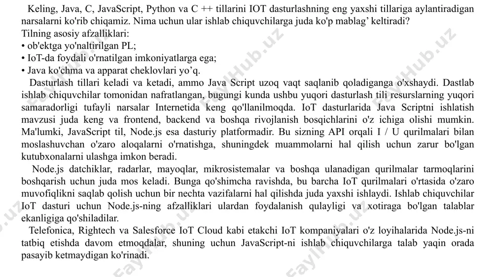 jimon bilan aloqa o’rnatishingiz mumkin degan ma’noni anglatadi. python ob’ektga yo’naltirilgan: python ob’ektga yo’naltirish uslubini yoki dasturiy texnikasini qo’llab-quvvatlaydi. python boshlovchilar tili: python – boshlang’ich dasturchilar uchun ajoyib til bo’lib, oddiy matnni ishlashdan www brauzerlariga o’yinlarga keng ko’lamdagi ilovalarni ishlab chiqishni qo’llab-quvvatlaydi. python guido van rossum tomonidan sakson va sakkizinchi yillarda niderlandiyadagi matematika va informatika ilmiy tadqiqot institutida ishlab chiqildi. python abc, modula-3, c, c ++, algol-68, smalltalk va unix shell kabi boshqa ko’plab tillardan va boshqa skript tillaridan olingan. python mualliflik huquqi bilan himoyalangan. perl kabi, python manba kodi endi gnu general public license (gpl) ostida mavjud. python hozirda institutning asosiy rivojlanish jamoasi tomonidan faoliyat yuritmoqda, garchi guido van rossum hali ham o’z taraqqiyotini boshqarishda muhim rol o’ynaydi. python xususiyatlari: pythonning xususiyati quyidagilarni o’z ichiga oladi: o’qish oson: python nisbatan kam kalit so’zlar, oddiy tuzilish va aniq belgilangan sintaksisga ega. bu o’rganuvchini qisqa vaqt ichida yodlab olish imkonini beradi. …