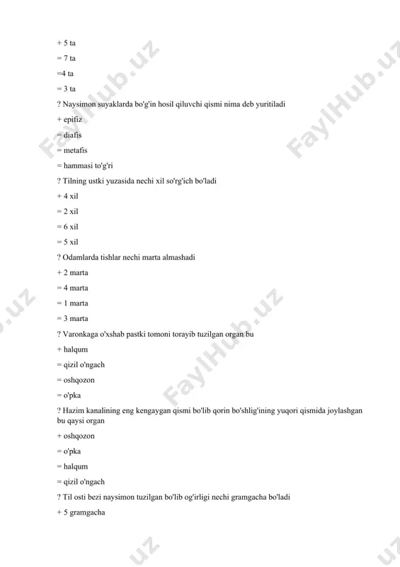 uchburchak = toʻrtburchak = beshburchak = toʻgʻri javob yoʻq ? til nimalardan tuzilgan? + mushaklardan = suyaklardan = paylardan = elastik tolalardan ? til ustki yuzasida necha xil so’rg’chlar boʻladi? +4 xíl =2 xil =3 xil = 5 xil ? quloq oldi bezi nimalardan tuzilgan? + alveolalardan = mushaklardan = paylardan = suyaklardan ?kalla suyaklariga kiradi +peshona,ensa =yonoq =pastki jag’ =yuqorigi jag’ ?yuz qismi suyaklariga kiradi + burun = peshona = chakka =ensa ?kalla suyaklariga kiradi + tepa suyagi = dimog’ = g’alvirsimon = pastki jag’ ?yuz qismi suyaklariga kiradi + g’alvirsimon suyak = ensa suyak =chakka suyak = peshona ?ko’krak qafasi suyaklarini tashkil etadi + qovurg’alar, o’mrov suyagi, kurak va umurtka pog’onasi = yelka kamari suyaklari = naysimon suyaklar = yassi suyaklar ? naysimon suyaklarga kiradi + qo’l va oyoq suyaklari = ko’krak qafasi suyaklari =chanoq suyaklari =kalla suyaklari ?ichki organlar tizimini o’rganuvchi anatomiyaning qismi bu… +splanxnologiya = nevrologiya …