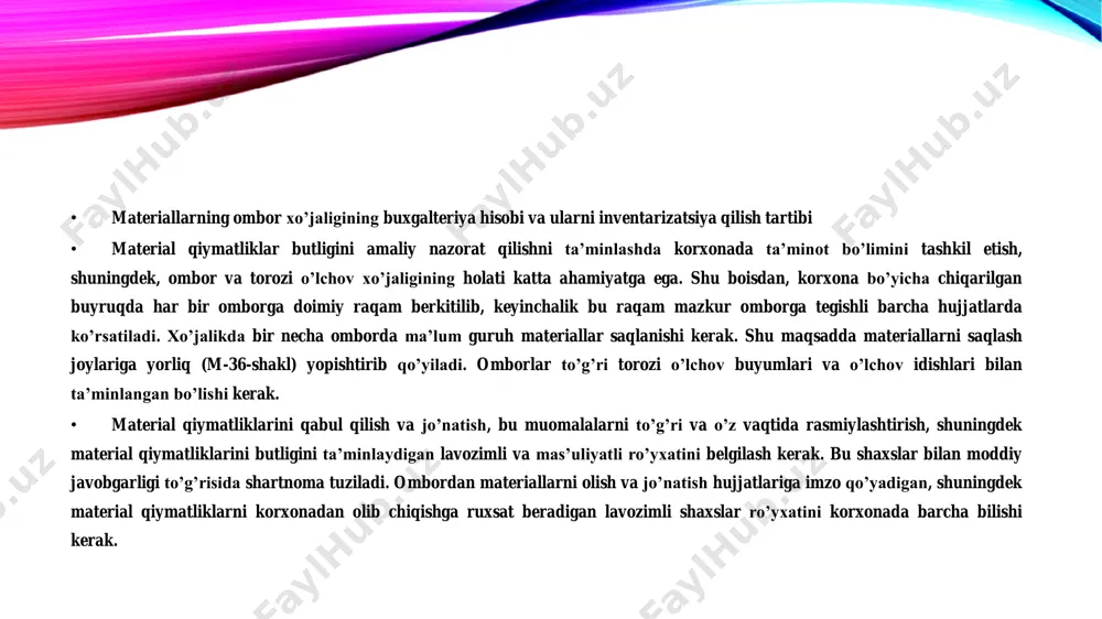 artochkadagi qoldiq har bir yozuvdan so’ng chiqariladi. materiallarning kirim va chiqim hujjatlariga ularning hisob baholarini va ombor kartochkasidagi yozuv raqamini yozib qo’yish omborchining vazifasiga kiradi. hujjatlar soni, ularning raqamlari va materiallar guruhini ko’rsatib grafik bilan belgilangan muddatda omborchi materiallarning kirimi va chiqimi to’g’risidagi hujjatlarni topshirish reestrini (m-13-shakl) tuzadi. • material bo’limining buxgalteri moddiy-javobgar shaxsdan reestr bilan birga hujjatlarni bevosita omborda, materiallarni ombor hisobi kartochkasida aks ettirilishini sinchiklab tekshirib, qabul qiladi va m-12 - shaklning 19 – grafasiga imzo qo’yadi. shundan so’ng kartochka buxgalteriya registri kuchiga ega bo’ladi. • buxgalteriya xodimi ombordagi materiallarning, ayniqsa noyob va qimmatli materiallarning haqiqiy qoldiqlarini nazorat - tanlov tekshiruvidan o’tkazib turishi kerak. bunda moddiy-javobgar shaxslarning ishlarida aniqlangan qoida buzilishlar maxsus jurnalda aks ettiriladi va korxonaning bosh buxgalteri axborotiga yetkaziladi. • moddiy-javobgar shaxs har oyning 1-sanasiga kartochkalardagi son qoldiqlarini hisobga olish qaydnomasiga o’tkazib qo’yadi. bu qaydnoma har bir ombor bo’yicha buxgalteriya tomonidan bir yilga ochiladi. u buxgalteriyada …