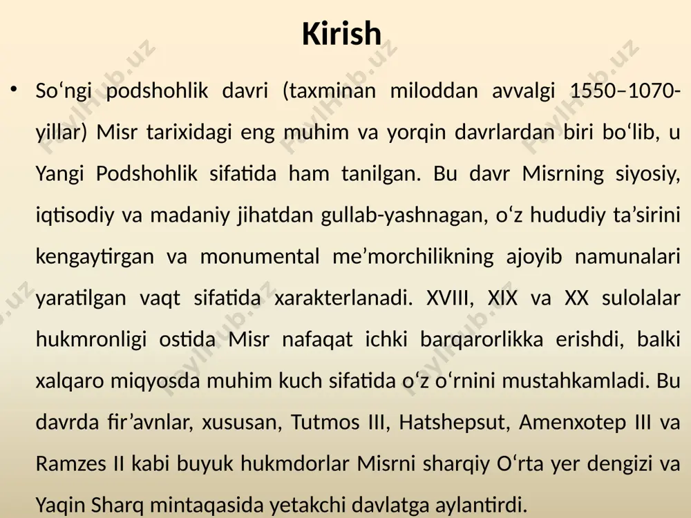 ar diniy ta’lim va ma’naviy hayotning markaziga aylandi. buxoro, xususan, “buxoroi sharif” nomi bilan mashhur bo‘lib, islom olamida muhim diniy markazlardan biri sifatida e’tirof etildi. bu markazlar nafaqat mahalliy aholi, balki xorijiy olimlar va ziyoratchilar uchun ham jozibador edi.diniy markazlarning kuchayishi davlat siyosati bilan ham bog‘liq edi. xulosa o‘zbek xalqining madaniyat va diniy hayotidagi o‘zgarishlar tarixning turli davrlarida uning ma’naviy va ijtimoiy rivojlanishining muhim ko‘rinishi bo‘lib xizmat qildi. diniy islohotlar xalqning ma’naviy ehtiyojlariga moslashib, an’anaviy e’tiqodlarni zamonaviy talablar bilan uyg‘unlashtirdi. san’at va adabiyot milliy o‘zlikni ifodalashning muhim vositasi sifatida rivojlanib, o‘zbek madaniyatining dunyo miqyosidagi obro‘sini oshirdi. diniy markazlar esa ma’naviy va ijtimoiy hayotning markazlari sifatida xalqning birligini ta’minlashda muhim rol o‘ynadi. bu jarayonlarning barchasi o‘zbek xalqining o‘ziga xos madaniy va diniy o‘zligini shakllantirishga xizmat qildi. adabiyot ro‘yxati : "so‘nggi podsholik davrida misr" – referat, oefen.uz sayti: (oefen) "qadimgi misr" – vikipediya maqolasi: (википедия) "arxitektura tarixi" – misr me’morchiligi haqida: (илмий) …
