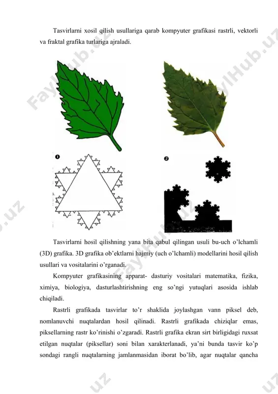 5 mm ga teng bo’ladi. ekraniy nusxa uchun 72 dpi, rangli lazerli printerda chop etish uchun 150-200 dpi, fotoqurilmaga chiqarish uchun esa 200-300 dpi ruxsat etilgan yetarli hisoblanadi. chop etiluvchi tasvir ruxsat etilganligi va miniatura tushunchasi. huddi tasvirning asl nusxasi (qog’ozdagi) kabi, ekrandagi nusxasining ham nuqtalari o’lchami, qo’llanilgan usullar va original rastr ko’rsatgichlariga bog’liq. rastr turi chastotasi, dyuymdagi chiziqlar soni bilan aniqlanadi (linesper inch-lpi) va miniatura deb nomlanadi. rastr nuqtasi o’lchami har bita element uchun hisoblanadi va shu yacheykadagi ton intensivligiga bog’liq. intensivlik qancha yuqori bo’lsa, rastr elementi shunchalik to’liq qoplanadi. agar yacheykaga obsolyut qora rang tushsa, rastr nuqtasi o’lchami–rastr elementi o’lchami bilan mos tushadi. bu holatda 100% to’ldirish haqida gapiriladi. absolyut oq rang uchun esa to’ldirish (qoplash) qiymati 0% ni tashkil etadi. amaliyotda element to’ldirilganligi 3 % dan 90% gacha bo’lishi mumkin. ton intensivligini 256 bosqichli taqsimlash qabul qilingan. ko’p sonli gradatsiya esa inson ko’zi bilan farqlanmaydi. kam sonlisi …