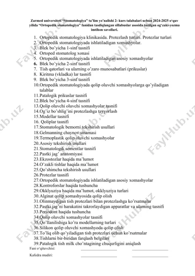 "ortopedik stomatologiya imtihon savollari" — DOCX