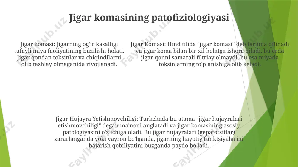 irtli ichimliklarni suiiste'mol qilish va giyohvand moddalarni iste'mol qilish kabi turli omillar sabab bo'lishi mumkin. jigar hujayralari etishmovchiligi jigar etishmovchiligi: jigar etishmovchiligi jigar funktsiyasining yo'qolishini anglatadi, ko'pincha o'tkir yoki surunkali jigar kasalligidan kelib chiqadi. alomatlar orasida sariqlik, qorinning kengayishi, chalkashlik va charchoq mavjud. davolash asosiy sababni bartaraf etish va qo'llab-quvvatlovchi yordam ko'rsatishni o'z ichiga oladi. bolalarda jigar etishmovchiligi: bolalarda jigar etishmovchiligi tug'ma sharoitlar, metabolik kasalliklar yoki infektsiyalar tufayli yuzaga kelishi mumkin. semptomlar kattalardagi jigar etishmovchiligiga o'xshaydi, ammo o'sishning kechikishi va rivojlanish kechikishlari ham bo'lishi mumkin jigar komasi: jigar komasi jigar etishmovchiligining og'ir nevrologik asorati bo'lib, chalkashlik, disorientatsiya va oxir-oqibat ongni yo'qotish bilan tavsiflanadi. bu odatda jigar tomonidan tozalanadigan toksinlarning qon oqimida to'planishi tufayli yuzaga keladi jigar hujayralari etishmovchiligining sabablari surunkali jigar kasalliklari: otoimmün gepatit, birlamchi biliar xolangit va birlamchi sklerozan xolangit kabi holatlar jigarda davom etayotgan yallig'lanish va chandiqlarni keltirib chiqaradi va uning faoliyatini asta-sekin kamaytiradi. virusli gepatit: gepatit a, …