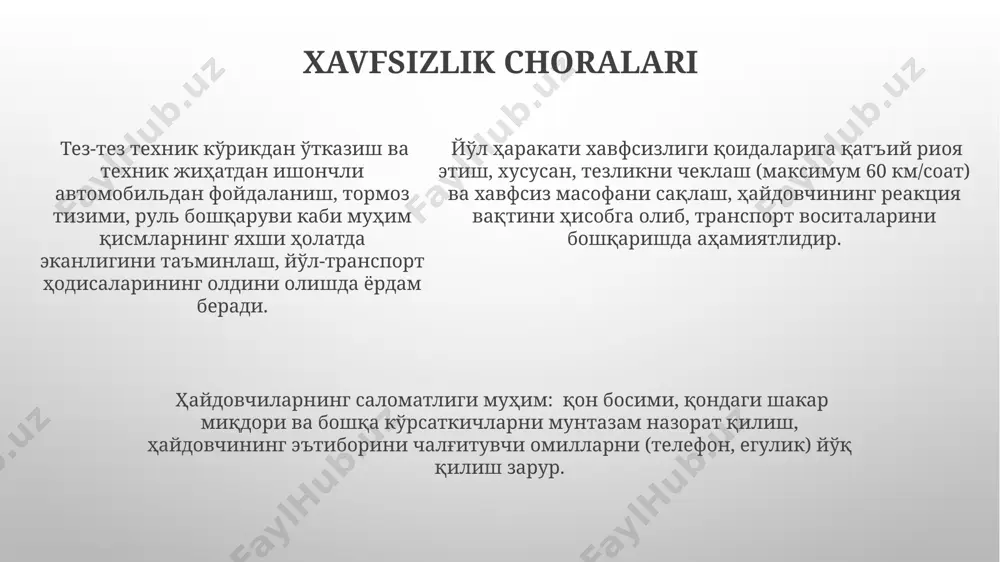 llikning og'irligiga bevosita ta'sir qiladi. safro pufagi kasalliklarini davolashda laparoskopik jarrohlik usuli minimal invaziv bo'lib, bemorning tezroq tuzalishini ta'minlaydi va 95% muvaffaqiyat darajasiga ega. safro pufagi kasalliklarini davolashda laparoskopik jarrohlik usuli minimal invaziv bo'lib, bemorning tezroq tuzalishini ta'minlaydi va 95% muvaffaqiyat darajasiga ega. haydovchilikka ta'siri qattiq og'riq hujumlari paytida o't pufagi kolikasi haydovchining diqqatini chalg'itib, boshqarishni qiyinlashtiradi va avariya xavfini sezilarli darajada oshiradi. o't pufagi kasalliklari haydovchilik reaksiya vaqtini 15-20% ga sekinlashtirishi mumkin, bu esa yo'l-transport hodisasining ehtimolini oshiradi. o't pufagi operatsiyasidan keyingi dastlabki 24 soat ichida haydovchilikka mutlaqo taqiq qo'yiladi, chunki anesteziya va jarrohlik ta'sirlari reaksiyalarni sekinlashtiradi. favqulodda vaziyatlar favqulodda vaziyatlarda o't pufagi bilan bog'liq muammolar haydovchining reaksiya vaqtiga salbiy ta'sir ko'rsatishi mumkin, bu esa 2-3 soniya kechikishga va yo'l-transport hodisasining ehtimolini 15% ga oshirishi mumkin. o't pufagi kolikasi hujumi 7 dan 10 gacha og'riq balida baholanadi va haydovchining e'tiborini chalg'itishi, boshqaruvni yo'qotishiga olib kelishi mumkin, bu esa avariya …