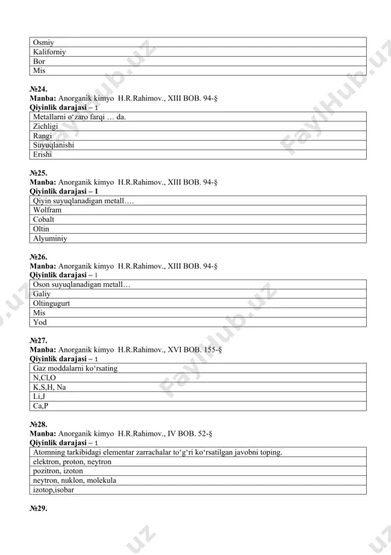 odda eritmasi elektr tokini o‘tkazmaydigan zarracha eritmasi elektr tokini yutadi eritmasi elektr tokini sochadi №45. manba: anorganik kimyo h.r.rahimov., x bob. 119-§ qiyinlik darajasi – 1 elektrolitmaslar… eritmasi elektr tokini o‘tkazmaydi eritmasi elektr toki ta’sirida parchalanadi, elektrni o‘tkazadi kopik hosil qiladi dissosilanadi №46. manba: anorganik kimyo h.r.rahimov., i bob. 5-§ qiyinlik darajasi – 1 5,6 litr co2 necha gramm keladi? 11 13 10 12 №47. manba: anorganik kimyo h.r.rahimov., i bob. 2-§ qiyinlik darajasi – 1 9 gramm suvning miqdorini hisoblang? 0,5 mol 1,0 mol 0,25 mol 1,5 mol №48. manba: anorganik kimyo h.r.rahimov., xiii bob. 102-§ qiyinlik darajasi – 1 elektroliz deb nimaga aytiladi? elektr toki ta'sirida boradigan oksidlanish-qaytarilish reaksiyasi havoda boradigan qaytmas reaksiya elektr toki ta'sirida va suv, ishqor va asoslarda boradigan reaksiyalar metallar orasidagi bog‘lanish №49. manba: anorganik kimyo h.r.rahimov., xiii bob. 95-§ qiyinlik darajasi – 1 ishqoriy metallarni ko‘rsating. li, k, rb j, al, h cu, …
