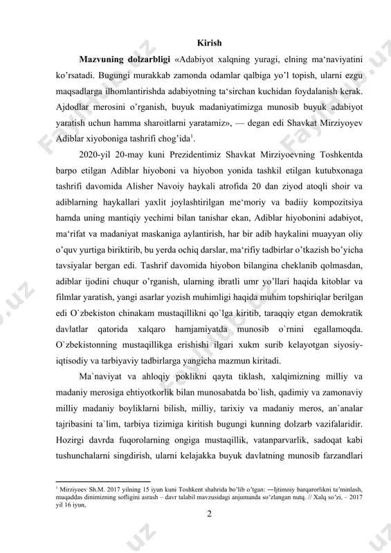 va ahloqiy poklikni qayta tiklash, xalqimizning milliy va madaniy merosiga ehtiyotkorlik bilan munosabatda bo`lish, qadimiy va zamonaviy milliy madaniy boyliklarni bilish, milliy, tarixiy va madaniy meros, an`analar tajribasini ta`lim, tarbiya tizimiga kiritish bugungi kunning dolzarb vazifalaridir. hozirgi davrda fuqorolarning ongiga mustaqillik, vatanparvarlik, sadoqat kabi tushunchalarni singdirish, ularni kelajakka buyuk davlatning munosib farzandlari qilib kamol toptirish zamon talabidir. har bir millatning ma`naviy boyligi umuminsoniy qadriyatlarning birligidan tashkil topadi. madaniy meros o`tmishning yutug`i, uni to`la va oqilona egallash, takomillashtirish esa hozirgi zamon avlodlarining muqaddas vazifasidir. o`zining madaniy meroslarining, qadriyatlarini bilmaslik yoki mensimaslik esa millat va uning istiqboli uchun katta fojiadir. «jamiyat taraqqiyotining, asosiy, uni muqarrar falokatdan qutqarib qoladigan yagona kuch ma`rifatdir». mavzuning maqsadi zulfiya ijodini o‘rgatish mashg‘ulotlarida yangi pedagogik texnologiyalardan foydalanishning samarali usullarini shakllantirish, o‘quvchilarning aqliy va ijodiy faolligini oshirish kurs ishi mavzusi bo‘yicha olib borayotgan tadqiqot ishimizning maqsadi hisoblanadi. mavzuning vazifasi. kurs ishining bosh maqsadidan kelib chiqqan holda quyidagi vazifalarni bajarishni …