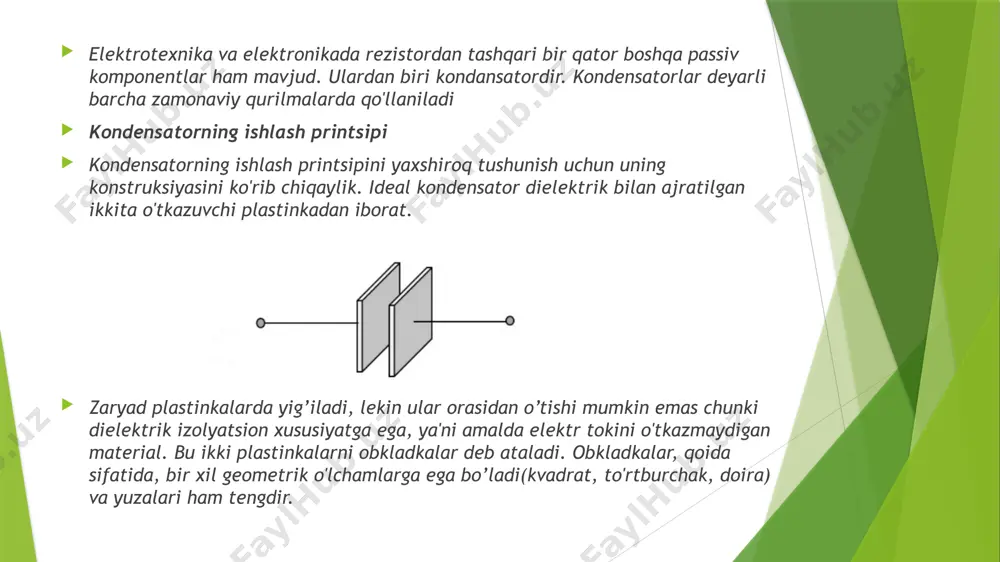 a ko'pincha karralik qiymatlari, mikrofaradlar, nanofaradlar va pikofaradlarning foydalaniladi. mikrofarad (1f = 1000 000 mkf), nanofarad (1f= 1000 000 000 nf), pikofarad (1f = 1000 000 000 000 pkf) kondensatorlar deyarli barcha zamonaviy qurilmalarda qo'llaniladi: zamonaviy elektronikada kondensatorlardan foydalanish juda keng va ko'p qirrali. keling, texnologiyaning qaysi sohalarida va qaysi maqsadda ushbu qurilmalardan foydalanilishini tahlil qilaylik: televizion va radiotexnika qurilmalarida - tebranish davrlarini amalga oshirish, shuningdek ularni blokirovka qilish va sozlash uchun. ular, shuningdek, turli chastotali zanjirlarni, rektifikator filtrlarida va hokazolarni ajratish uchun ishlatiladi. radar qurilmalarida - yuqori quvvatli impulslarni ishlab chiqarish uchun. btelegrafiya va telefoniya - to'g'ridan-to'g'ri va o'zgaruvchan toklar zanjirlarini, turli chastotali oqimlarni, balans kabellarini, uchqun o'chirish kontaktlarini va boshqalarni ajratish uchun telemexanika va avtomatlashtirishda - sig'im printsipi sensorlarini amalga oshirish, pulsatsiyalanuvchi va to'g'ridan-to'g'ri oqim davrlarini ajratish, kontaktlarning uchqunlarini bostirish, tiratron impuls generatorlarida va hokazo. hisoblash qurilmalari sohasida - maxsus saqlash qurilmalarida. elektr o'lchash uskunasida - sig'im namunalarini …