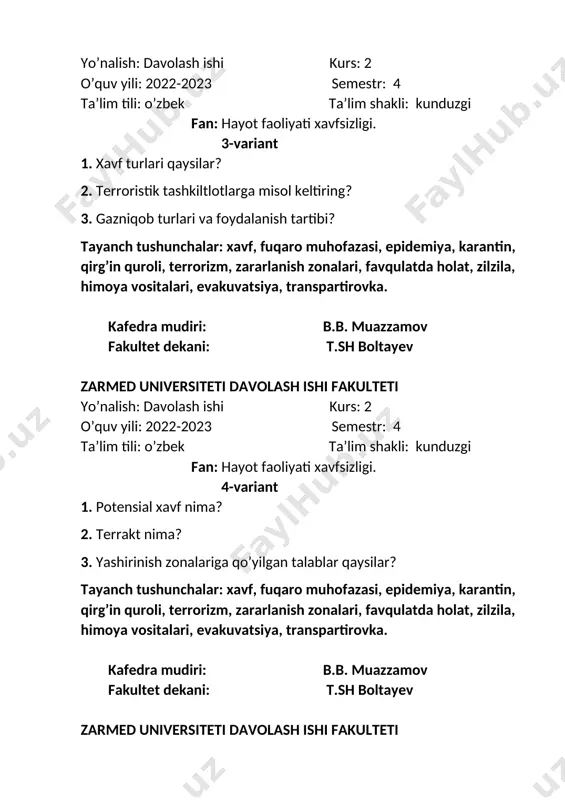 blar qaysilar? tayanch tushunchalar: xavf, fuqaro muhofazasi, epidemiya, karantin, qirg’in quroli, terrorizm, zararlanish zonalari, favqulatda holat, zilzila, himoya vositalari, evakuvatsiya, transpartirovka. kafedra mudiri: b.b. muazzamov fakultet dekani: t.sh boltayev zarmed universiteti davolash ishi fakulteti yo’nalish: davolash ishi kurs: 2 o’quv yili: 2022-2023 semestr: 4 ta’lim tili: o’zbek ta’lim shakli: kunduzgi fan: hayot faoliyati xavfsizligi. 5-variant 1. real va potensial xavfning farqi nimada? 2. terrorizmga ta’rif bering? 3. favqulotda vaziyatlar vazirligi qachon va kim tomonidan tashkil etilgan? tayanch tushunchalar: xavf, fuqaro muhofazasi, epidemiya, karantin, qirg’in quroli, terrorizm, zararlanish zonalari, favqulatda holat, zilzila, himoya vositalari, evakuvatsiya, transpartirovka. kafedra mudiri: b.b. muazzamov fakultet dekani: t.sh boltayev zarmed universiteti davolash ishi fakulteti yo’nalish: davolash ishi kurs: 2 o’quv yili: 2022-2023 semestr: 4 ta’lim tili: o’zbek ta’lim shakli: kunduzgi fan: hayot faoliyati xavfsizligi. 6-variant 1. hayot faoliyatiga ta’sir qiluvchi xavf omillari qaysilar? 2. himoya inshootlarida berkitish joylariga qo’yilgan talablar? 3. gazniqob turlari va foydalanish tartibi? …