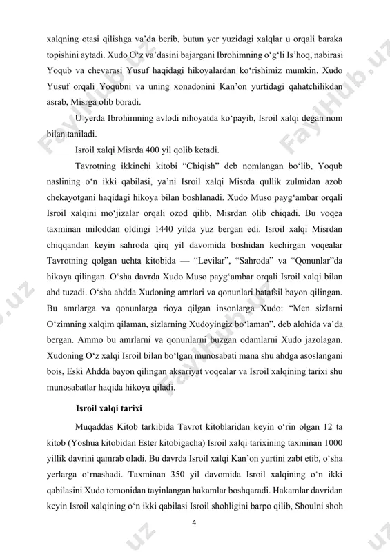 kinchi shohi bo‘ladi. dovud vafot etgandan keyin uning o‘g‘li sulaymon taxtga chiqib, quddusda xudoga atab ma’bad quradi. sulaymonning o‘g‘li raxabom hukmronligi davrida isroil shohligi ikkiga bo‘linib, shimolda isroil shohligi va janubda yahudo shohligi paydo bo‘ladi. ikkala shohlikning aholisi va hukmdorlari oldiga xudo o‘z payg‘ambarlarini yuboradi. ular aholini, butlarga sig‘inmanglar, xudoga yuz buringlar, uning amrlarini bajaringlar, deb undaydi. ammo xalq payg‘ambarlarning gaplariga quloq solmaydi. oqibatda xudo ikkala shohlik aholisini itoatsizligi uchun jazolab, dushmanlar qo‘liga topshiradi. dushmanlar isroil va yahudo xalqlarini asirlikka olib ketadi. oradan ancha yillar o‘tgandan keyin, yahudo shohligidan surgun qilingan ayrim odamlar quddusga qaytib kelib, ma’badni va shahar devorini qayta quradilar. xalqning aksariyat qismi esa surgunda yashab qolaveradi. ulardan ba’zilari o‘zlari surgun bo‘lgan davlatlarda yuqori martabalarni egallaydilar. donishmandlik kitoblari navbatdagi beshta kitob (ayub kitobidan “sulaymon payg‘ambarning go‘zal qo‘shig‘i” kitobigacha) “donishmandlik kitoblari” deb ataladi. ayub kitobi zamirida barcha zamonlarda dolzarb bo‘lgan quyidagicha savol yotadi: “nima uchun xudo solih kishilarning bu …