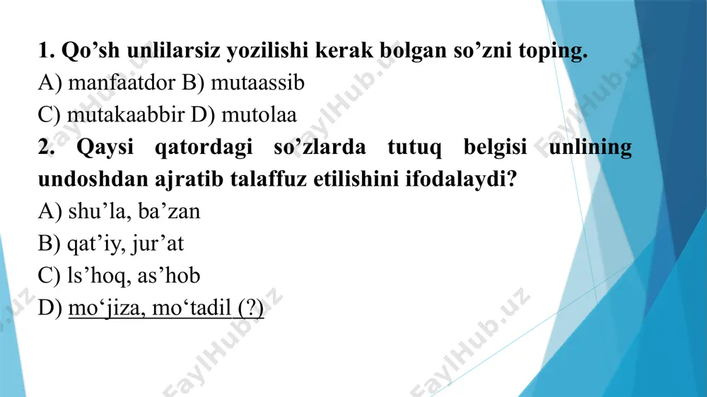 o’ppa-to’g’ri. oppoq tartib son arab raqami bilan yozilsa, -nchi qo`shimchasi o`rniga chiziqcha qo`yiladi. so’zning –ma, -ba yordamida birlashgan qismlari chiziqcha bilan yoziladi. ko`chama-ko`cha, uyma-uy, dam-badam… ba’zi oq`shimcha yuklamalar sen-a? keladi-yu, borasan-ku, aytsang-chi... eslatma! chiziqcha tinish belgi hisoblanmaydi. 5. ajratib yozish qo’shma fe’l qismlari ajratib yoziladi. sotib oldi, xabar qildi, taklif qildi. hamma , har, hech, qay, u, bu, o’sha so’zlar o’zidan oldingi so’zdan ajratib yoziladi: shu payt, hech qaysi ...(biroz, birato’la, birvarakayiga, birmuncha, buyon ) ko’makchi fe’l va to’liqsiz fe’l ajratib yoziladi. ketgan ekan, so’rab qo’y, aytib ber. murakkab son qismlari ajratib yoziladi: o’n besh, yigirma sakkiz... ko’makchilar so’zdan ajratib yoziladi. shu bilan , telefon orqali, soat sayin... 1)yildan yilga, tomdan tomga; 2)ko’pdan ko’p, tekindan tekin... sifat oldidan kelib, belgining ortiq yoki kamligini bildiradigan to`q, jiqqa, tim, lang, och kabi so’zlar izofali birikmalar ajratib yoziladi. dardi bedavo, nuqtayi nazar... 5. ajratib yozish qo’shma fe’l qismlari ajratib yoziladi. sotib oldi, xabar …