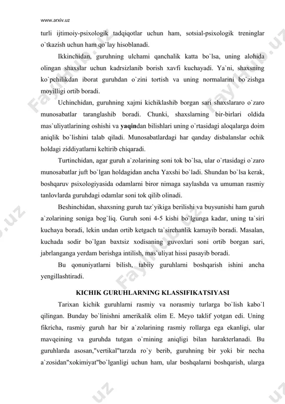 bo`linishni amerikalik olim e. meyo taklif yotgan edi. uning fikricha, rasmiy guruh har bir a`zolarining rasmiy rollarga ega ekanligi, ular mavqeining va guruhda tutgan o`rnining aniqligi bilan harakterlanadi. bu guruhlarda asosan,"vertikal"tarzda ro`y berib, guruhning bir yoki bir necha a`zosidan"xokimiyat"bo`lganligi uchun ham, ular boshqalarni boshqarish, ularga buyruk, rasmiy ko`rsatmalar berish huquqiga ega bo`ladilar. rasmiy guruhga misol qilib har qanday birgalikdagi faoliyat maqsadlari asosida shakllangan jamoalarni - ishlab chiqarish brigadasi, talabalar guruhi, sinf o`quvchilari, pedagogik jamoa va boshqalarni olish mumkin. rasmiy guruhlardan farkli ularok, norasmiy guruhlar ham mavjud bo`ladiki, ular asosan stixiyali tarzda, aniq maqsadsiz tarkib topadi va ularda a`zolarning aniq mavqelari, rollari oldindan belgilangan bo`lmaydi. ko`pincha norasmiy guruh rasmiy guruh tarkibida tashqil topadi va ularni boshqarish ham oldindan belgilangan bo`lmay, odamlar ichidan u yoki bu shaxsiy sifatlari tufayli ajralib chiqqan a`zolar norasmiy rahbarlik rolini bajarishlari mumkin. bundan tashkari, ijtimoiy psixologiyada referent guruh tushunchasi ham bor. bu tushuncha fanga birinchi marta amerikalik …