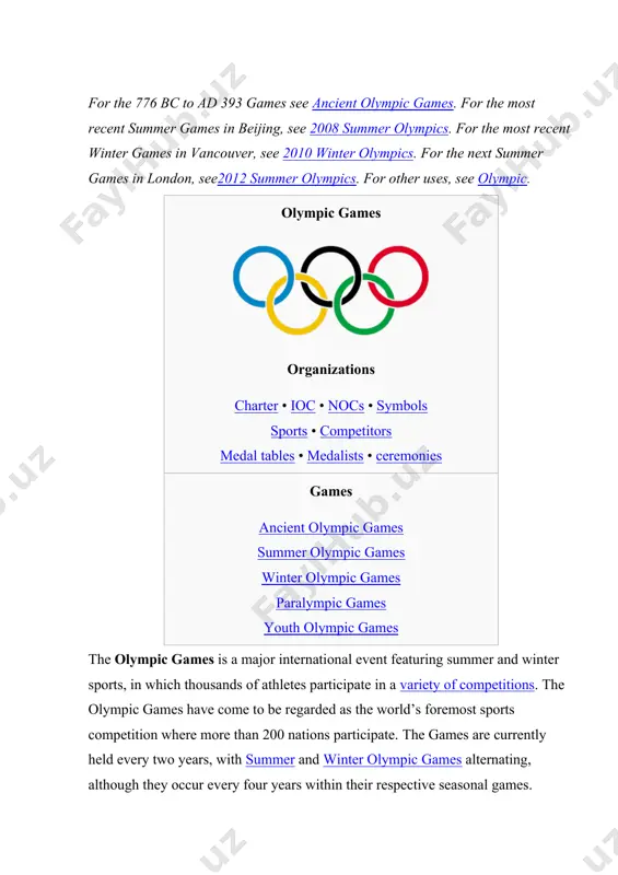 he 20th century. as a result, the olympics shifted away from pure amateurism, as envisioned by coubertin, to allow participation of professional athletes. the growing importance of the mass media created the issue of corporate sponsorship and commercialization of the games. world wars led to the cancellation of the 1916, 1940, and 1944 games. large boycotts during the cold war limited participation in the 1980 and 1984 games. the olympic movement consists of international sports federations (ifs), national olympic committees (nocs), and organizing committees for each specific olympic games. as the decision-making body, the ioc is responsible for choosing the host city for each olympic games. the host city is responsible for organizing and funding a celebration of the games consistent with the olympic charter. the olympic program, consisting of the sports to be contested at the games, is also determined by the ioc. the celebration of the games encompasses …