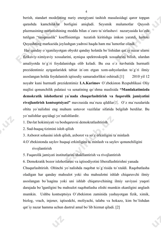 hning global tebranishi uning ichki tuzilishi haqida ma`lumot beradi, biz esa bu ma`lumotlarni batafsil o`zlashtirib olishimiz o`ta ahamiyatlidir. chunki quyoshda bo`ladegan jarayonlarning yerga tasir etishi sizu bizga sir emas. yerdagi o`simliklar dunyosi, hayvonot olami, insoniyat hayoti koinotda yonib turgan olovli shar yani quyoshga bog`liq. shunday ekan bu yulduz haqidagi bilimlarimizni yanada orttirib u haqdagi zamonaviy tasavvurlarimizni ongimizda shakillantirishimiz darkor, zero koinotni tasavur etish astironomiya sohasida juda ham asqotadi. bitiruv malakaviy ishning maqsad va vazefalari. ushbu mavzuni o`rganishdan maqsad olimlar tomonidan to`plangan malumotlar asosida ularni o`qib o`rganib, gelioseysmologiya sohasida qilingan ishlarni diqqat bilan ko`rib chiqib, quyoshning ichki qismlarini o`rganish hamda quyoshda ro`y beradigan tebranishlarni ya`ni global va lokal tebranishlar farqini tushinib yetish, umuman aytganda quyosh haqidagi ma`lumotlarni mukammallashtirish ko`zda tutilgan. bitiruv malakaviy ishning ilmiyligi va amaliy ahamiyati. gelioseysmologiya yordamida tatqiqot ishlarini rivojlanishi bu usulda olingan malumotlar quyoshning ichki tuzilishini standart modelini ishlab chiqish imkonini berdi shuningdek quyosh nuriy zonasini qalinligini o`lchash …
