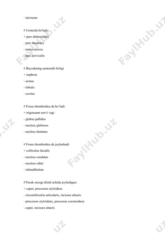 ria tibialis anterior - arteria poplitea # arteria thoracodorsalis qaysi arteriya tarmog’i hisoblanadi? + arteria subscapularis - arteria subclavia - arteria axillaris - arteria brachialis # arteria carotis communis dexter qaysi arteriyaning tarmog'i? + arcus aortae - arteria subclavia - truncus thyrocervicalis - pars thoracica aortae # arteria circumflexa femoris lateralis qaysi arteriya tarmog'i? + arteria profunda femoris - arteria femoralis - arteria iliaca externa - arteria poplitea # arteria circumflexa ilium superficialis qaysi arteriyaning shoxiga kiradi? + arteria femoralis - arteria profunda femoris - arteria iliaca externa - arteria iliaca interna # arteria collateralis media qaysi arteriya tarmog’i hisoblanadi? + arteria profunda brachii - arteria brachialis - arteria ulnaris - arteria radialis # arteria collateralis ulnaris superior qaysi arteriya tarmog’i hisoblanadi? + arteria brachialis - arteria ulnaris - arteria radialis - arteria interossea anterior # arteria epigastrica inferior qaysi arteriyaning tarmog’i? + arteria iliaca externa - arteria iliaca interna …