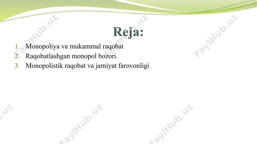 at va monopoliya bozorlar holatlari mukammal raqobat va monoplliya bozorlar holatlari qanday ishlashi haqida bir necha kerakli fikrlarni tasvirlasada, iqtisoddagi ko`plab bozorlar ikkala holat elementlariga ham ega. shunga ko`ra, har biri ham to`la tasvirlanmagan. tipik firma iqtisodiyotda raqobatga yuz tutadi, biroq raqobat korxonani korxonani narx oluvchiga aylantiradigandek qattiq qo`l emas. tipik korxona shuningdek ma’lum darajada bozor kuchiga ega, lekin uning bozor kuchi monopoliya modelida aniq ko`rsatilgan korxona kabi unchalik qudratli emas. boshqacha qilib aytganda, ko`plab tarmoqlar mukammal raqobatning markaziy xolati va monopliya o`rtasida turadi. iqtisodchilar bu hodisani nomukammal raqobat deb atashadi nomukammal raqobatli bozorning bir turi bu oligopoliya nomukammal raqobatli bozorning bir turi bu oligopoliya, unda bozor faqat bir necha sotuvchilarga ega va har biri boshqa sotuvchilardan unchalik farq qilmaydigan yoki o`xshash maxsulotlarni taklif qiladi. iqtisodchilar bozor xukumronligini statistik ataladigan konsentrasiya koffitsentiga ega korxonalarning kichik guruhlari orqali o`lchashadi. konsentratsiya koffitsenti bu bozordagi umumiy maxsulot 4 ta yirik korxonalar orqali ta’minlanishidir. …