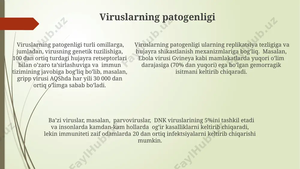 qoʻllanilishini kengaytirishga yordam beradi. taxminan 10 31 bakteriofag, yer sayyorasida mavjud boʻlgan bakteriyalar sonidan ancha yuqori boʻlib, ularning ekologik muvozanatdagi ahamiyatini ta'kidlaydi va global virus genofondining ulkan qismini tashkil qiladi. bakteriofaglarning 100 dan ortiq turkumga boʻlinishi, ularning genetik tuzilishi va replikatsiya mexanizmlarining xilma-xilligini aks ettiradi, masalan, t4 fagi kabi murakkab tuzilmali faglar ham mavjud. dnk viruslari днк вирусларининг геном ўлчами 5 килобаза жуфтлигидан тортиб, 1,2 мегабаза жуфтлигигача ўзгариб туради ва бу уларнинг генетик мураккаблиги ва патогенлигига таъсир қилади, масалан, герпес вируслари. африкадаги баъзи тропик минтақаларда тарқалган днк вируслари, хусусан, гепатит в вируси, жигар сиррози ва жигар саратони каби жиддий касалликларга олиб келиши мумкин. днк вирусларининг 70% дан ортиғи, хусусан, парвовирус ва аденовирус кабилар, инсон ва ҳайвонларда турли касалликларга, масалан, шамоллаш ва нафас йўллари инфекцияларига сабаб бўлади. viruslarning genetik materiali oʻsimlik viruslari, jumladan, tobamoviruslar, odatda rnk genomiga ega boʻlib, bu genomlar 6000-10000 nukleotidlardan iborat va yaponiya olimlarining kuzatuvlariga ko'ra, ularning replikatsiyasi …