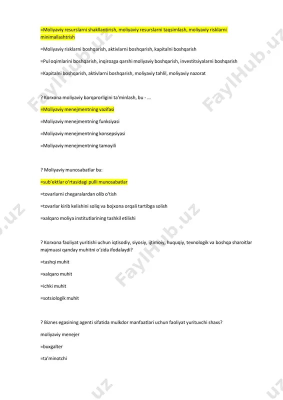 nishdagi pul munosabatlari yig‘indisi =korporatsiyalar miqyosidagi tovar moddiy zahiralar va ularni hisobdan chiqarish =korporatsiyalarning tugatilishi va qayta tashkil etilishi bilan bog’liq munosabatlar =davlatning korporatsiyalarga subsidiyalar ajratishi ? mchj ishtirokchilarining soni boʻyicha aniq chegara belgilab qoʻyilganmi? =ellik kishidan oshmasligi lozim =3 ta shaxsdan kam, 50 ta shaxsdan koʻp boʻlishi mumkin emas =50 ta shaxsdan kam boʻlishi mumkin emas =alohida talab belgilanmagan ? moliyaviy menejmentning qanday ta’minot tizimlari mavjud? =tashkiliy, huquqiy, uslubiy, informatsion, texnik, dasturiy, taxliliy va bashorat =uslubiy, informatsion, texnik, dasturiy va ilmiy, nazariy =texnik, dasturiy, nazariy va amaliy =ilmiy, nazariy, tashkiliy, huquqiy ? moliyaviy menejmentning axborot ta’minot tizimi qanday manbalar hisobiga shakllanadi =moliya bozorining kon’yunkturasini xarakterlovchi va korxonalarning moliyaviy va boshqaruv hisobi ko’rsatkichlari va boshqalar =faqatgina davlatning makroiqtisodiy rivojlanish ko’rsatkichlari =korxonaning moliyaviy ko’rsatkichlari, iqtisodiyot tarmoqlarini rivojlanish ko’rsatkichlari =makroiq tisodiy ko’rsatkichlar, korxonaning rivojlanish ko’rsatkichlari ? korxonalar moliyaviy mexanizmi – bu … =moliyaviy resurslardan foydalanish usullari hamda korxonalar moliyasini tashkil qilish shakllaridir …