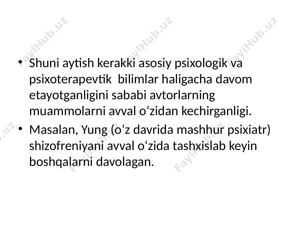 ishga majbur qilish mumkinligini ko'rsatganini esladi. shunday qilib, freyd bemorlar o'zlari uchun patogen ahamiyatga ega bo'lgan hamma narsani bilishadi, degan taxminga keldi va faqat ularni bu haqda xabar berishga majbur qilish kerak. u bemorlarga yotishni, ko'zlarini yumishni va diqqatni jamlashni buyurdi. u peshonasiga bosim o'tkazdi va xotiralar paydo bo'lishi kerakligini qat'iyat bilan aytdi. elizabet fon r. (1892) freyd uyg'oq holatda taklif bilan davolagan birinchi bemor edi. 1896 yilga kelib freyd gipnozdan voz kechdi. u taklifni asosiy terapevtik vosita sifatida ishlatishdan qachon voz kechgani aniq emas. shunga qaramay, 1896 yilga kelib, freyd "tushlarni talqin qilish" bo'yicha ishini to'liq tugatdi, garchi u 1900 yilgacha nashr etilmagan bo'lsa ham.ehtimol, tushlarning tuzilishi va ma'nosini tushunish qobiliyati bilan ularni talqin qilish qobiliyati oshdi. . u repressiya qilingan xotiralarga erishish uchun talqin va konstruktsiyalardan foydalanishi mumkin edi. erkin uyushmalar protsedurasining aniq ochilish sanasi yo'q. ehtimol, u 1892-1896 yillarda asta-sekin rivojlanib, gipnozdan, taklifdan, bosimdan va boshida unga …