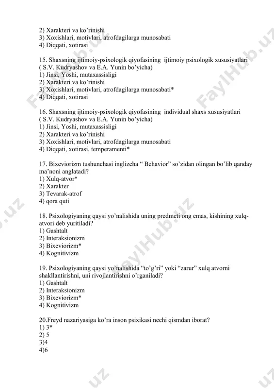 jamiyat normalari, vijdon 4) barcha javoblar to’g’ri 24. “xalqlar psixologiyasi” nazariyasi ijtimoiy psixologik nazariya sifatida qayerda shakllandi? 1) germaniyada* 2) avstriyada 3) o’rta osiyoda 4) xitoyda 25. freyd nazariyasi bo’yicha “ superego” bu 1) xayvoniy extiyojlar 2) bog’lovchi 3) jamiyat normalari, vijdon* 4) barcha javoblar to’g’ri 26. id va superego orasidagi mojarolar qanday himoya mexanizmlari orqali amalga oshiriladi? 1) sublimatsiya 2) ratsionallashtirish 3) yoddan chiqarish 4) barcha javoblar to’g’ri* 27. agressiya va amalga oshirilmagan hohishlardan paydo bo’lgan energiyani ijtimoiy normalarga to’g’ri keladigan ishlar orqali chiqarib tashlash bu? 1) sublimatsiya* 2) ratsionallashtirish 3) yoddan chiqarish 4) introeksiya 28. xalqlar psixologiyasi nazariyasi ijtimoiy psixologik nazariya sifatida qachon vujudga keldi? 1) 19 asrning o’rtalarida* 2) 20 asrning o’rtalarida 3) 18 asrda 4) 20 asrda 29.qaysi nazariyaga ko’ra “ ayrim insonlardan yuqori turadigan rux mavjud bo’lib, bu rux o’zidan ham yuqori turadigan yaxlitlikka bo’ysunadi. bu ilohiy yaxlitlik esa xalq yo’ki millatdur. 1) xalqlar psixologiyasi …