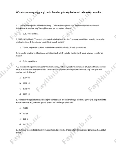 o`zbekistonning eng yangi tarixi fanidan yakuniy baholash uchun test savollari — DOCX