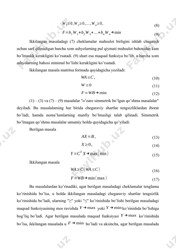xulosa qilib, o’zaro ikkilangan (qo’shma) masalalarning matematik modellarini quyidagi ko’rinishda ifodalash mumkin. simmetrik bo’lmagan qo’shma masalalar: 1. berilgan masala ikkilangan masala 2. berilgan masala ikkilangan masala simmetrik qo’shma masalalar: berilgan masala ikkilangan masala. 4. berilgan masala ikkilangan masala qo’shma masalalar orasida yana quyidagi bog’lanishlar mavjud. 1. berilgan masaladagi texnologik koeffitsientlardan tashkil topgan matritsa ko’rinishda bo’lsa, ikkilangan masaladagi matritsa ko’rinishda, ya’ni matritsaga transponirlangan matritsa bo’ladi. 2. ikkilangan masaladagi noma’lumlar soni berilgan masaladagi cheklamalarning soniga teng. ikkilangan masaladagi cheklamalar soni berilgan masaladagi noma’lumlar soniga teng bo’ladi. ikkilangan masala maqsad funksiyasidagi koeffitsientlar berilgan masaladagi ozod hadlardan iborat bo’ladi. ikkilangan masaladagi ozod xadlar esa berilgan masala maqsad funksiyasi koeffitsientlaridan iborat bo’ladi. 4. agar berilgan masaladagi noma’lum nomanfiy bo’lsa (), u holda ikkilangan masaladagi -cheklama "≥" yoki ko’rinishdagi tengsizlikdan iborat bo’ladi. agar noma’lum musbat ham, manfiy hamqiymatlarni qabul qilishi mumkin bo’lsa, u holda ikkilangan masaladagi -cheklama tenglamadan iborat bo’ladi. 5. agar berilgan masaladagi -cheklama tengsizlikdan …