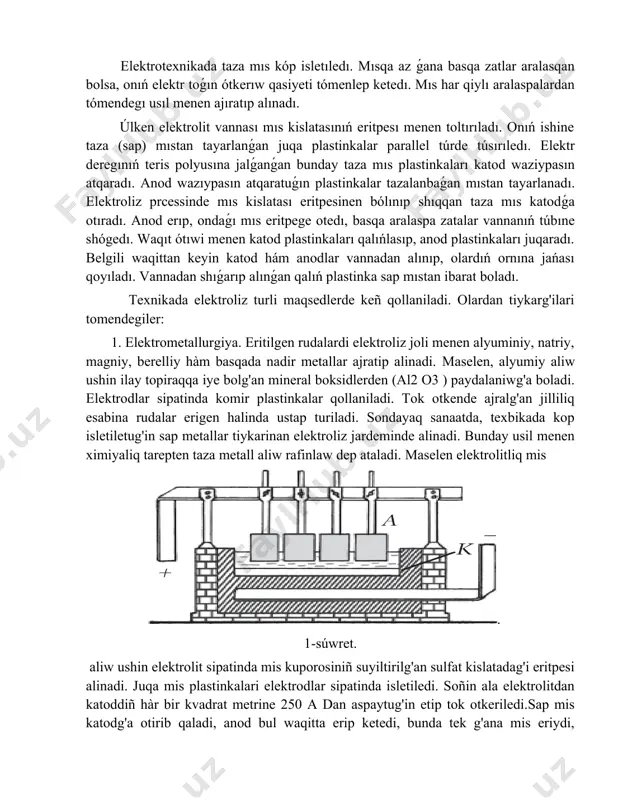 romlaw hàm sog'an uqsaslari galvanastogiya joli menen amelgea siriladi. buniñ ushin dene elektrolitke katod sipatinda jaylastiriladı. buyumdi qaplaytig'in metal duziniñ suwdag'i eritpesi elektrolit eritpesin waziypasi atqaradi. elektrolitdan tok otkerilgende usi buyimdi qaplawi kerek bolg'an metall buyum sirtina qabat payda etip otirib qaladi. 3. galvanoplastika. elektoliz jardeminde quramalı betlı naǵıs hám buyimlardıń nusqaların alıw múmkın. máselen, taxtaǵa oyip islengen naǵıstıń nusqasın alayıq. bunıń ushın taxtanıń naǵıs salınǵan bólegıne juda juqa etip grafit jaǵıladı, natiyjede onıń bul tarepi tokotkizetuǵın boladı. tayarlanǵan taxta mıs kislatası erıtpesıne túsırıledı. bul taxtanıń betındegı grafit sim arqalı tok deregınıń teris polyusina tutastırıladı, yaǵnıy grafit qatlamı katod waziypasın atqaradı. anod sıpatında elektrolitke mıs plastinka tusırıledı. elektrolitten tok otkizillgende eletroliz natiyjesinde bólinip shiqqan mıs taxta betindegı grafit ustine otiradı. 3-súwret. grafittıń ústı jeterlı dárejedegı mıs qatlamı menen qaplanǵannan keyin elektroliz processi toqtatıladı hám mıs qatlam taxtadan ajiratıp alınadı. mıs qatlamnıń forması taxtanıń betındegı naǵıstıń negatiw (kerısı) súwretlenıwınen ibarat boladı. …