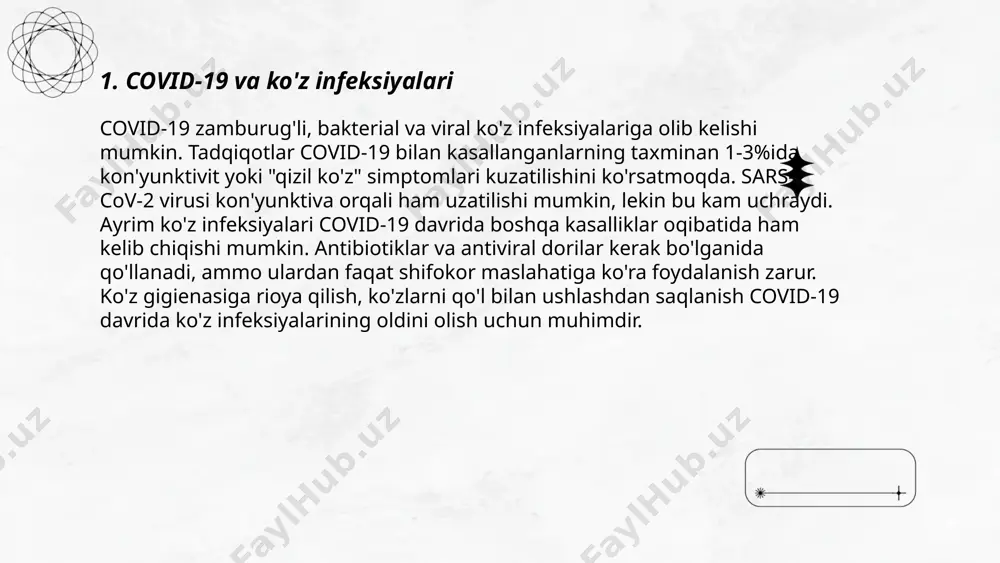 mlar o'rtasidagi virus tarqalishini kamaytirishga yordam beradi. statistik ma'lumotlarga ko'ra, to'g'ri kiyingan himoya vositalari, shu jumladan ko'z qarovchi vositalar, virus yuqtirish xavfini 78% gacha pasaytirishi mumkin. pandemiya davrida ko'z qarovchi vositalarni ishlatish muhim choralar qatorida kiritilgan. covidda ko'zdagi o'zgarishlar azizbek abdulhafizov e'tiboringiz uchun raxmat! image1.png image2.png image3.png image4.png