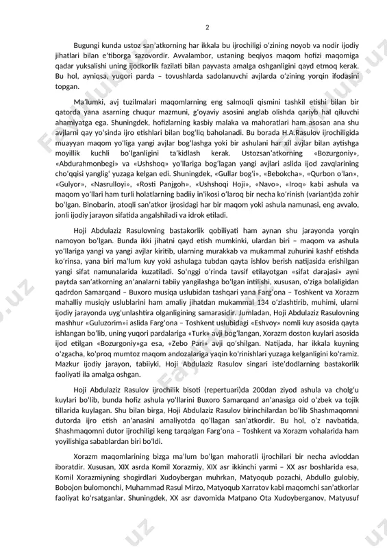 ashhur hofiz va bastakor, o‘zbekiston xalq artisti hoji abdulaziz rasulov (1852–1936) tanbur va dutor chertish hamda ashula aytish yo‘llarini mukammal egallagan san’atkor edi. binobarin ustoz san’atkordan bizga meros qolgan nodir ma’naviy boylik uch jabhada – sozandalik (dutor va tanbur ijrochiligi), ashulachi-hofizlik va bastakorlik sohalarida zohirdir, zeroki, ularning har birida ustaning iste’dodi ila yo‘g‘rilgan betakror ziynatlar, o‘zgacha jilolar kashf etilgan. maqom hofizi eng avvalo shashmaqomning ham cholg‘u («mushkilot»), ham aytim-sho‘ba («nasr») yo‘llarini ijro etishda an’anaviy yetakchi o‘rin tutgan tanbur cholg‘usini egallashi, unda o‘ziga jo‘rnavozlik qila olishi mumtoz talablardan bo‘lgani bois hoji abdulaziz rasulov, birinchi galda, bu cholg‘uni amaliy o‘zlashtirishga g‘ayrat qiladi va sozanda hoji rahimberdi ustozligida shashmaqom «mushkilot» bo‘limini (cholg‘u kuy yo‘llarini) ijro etishga erishadi. ayni paytda shashmaqom «savt»larini shoxobchalari bilan «o‘qishni» (aytishni) dastlab boruh ismli hofizdan o‘rganib, keyinchalik (1880-yillari) esa atoqli hofiz ota jalol nosir rahbarligida shashmaqomning «saraxbor», «talqin» va «nasr» sho‘balarini aytish mahoratini hosil qilgan edi. shu asnoda hoji …